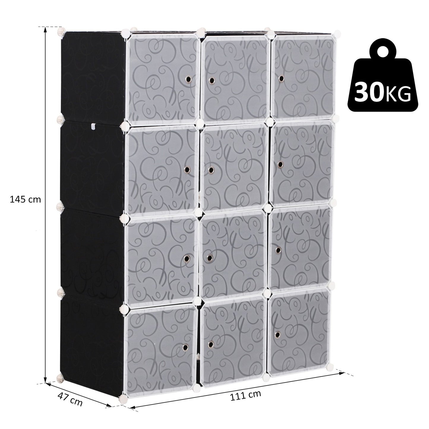 Modular black & white PP wardrobe with clothes rail