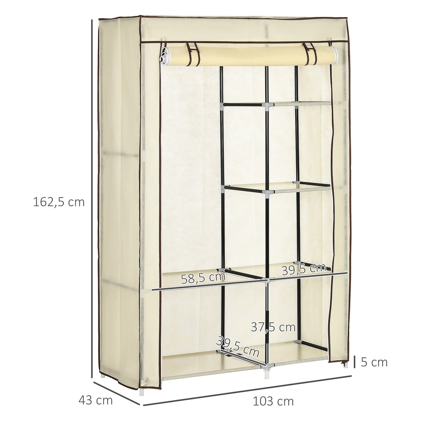 Folding fabric wardrobe - cream, 2 rails, 6 shelves