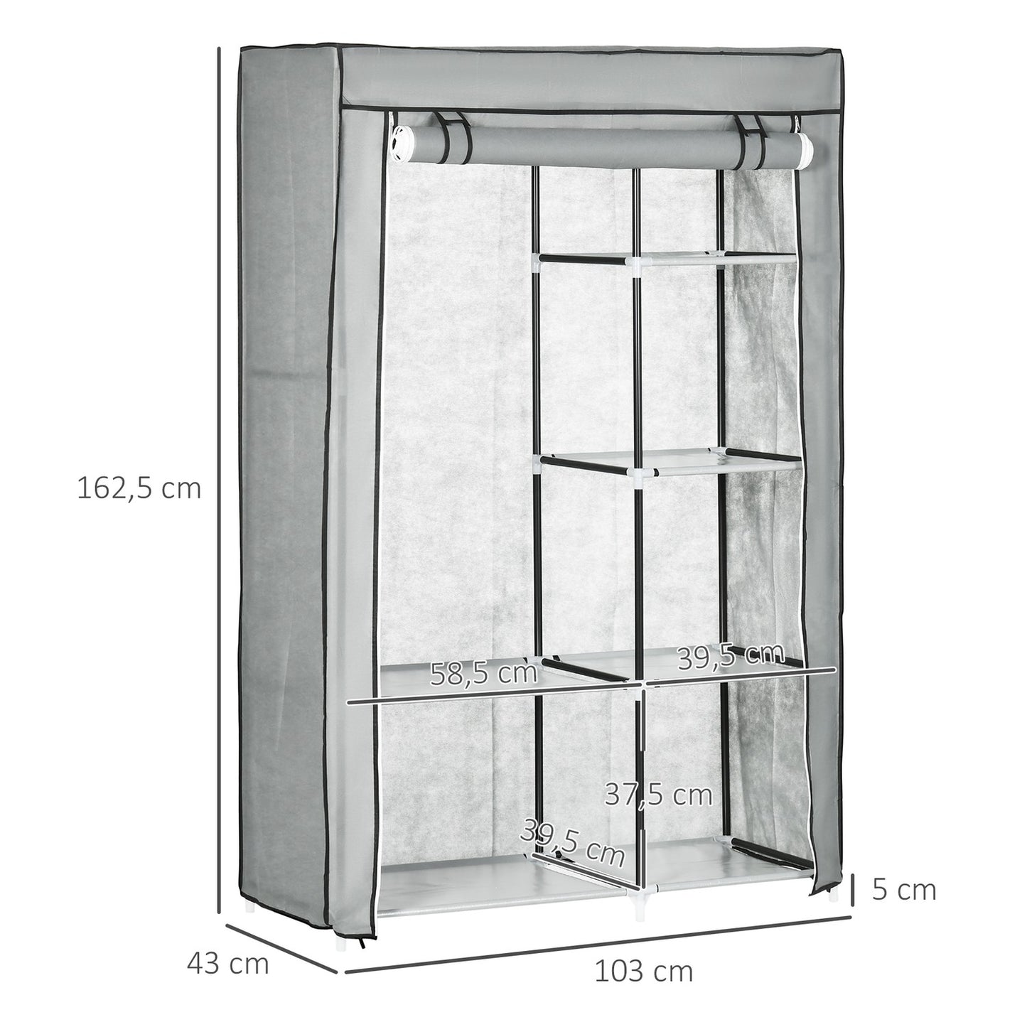 Foldable gray wardrobe, 6 compartments, 103x43x162.5 cm