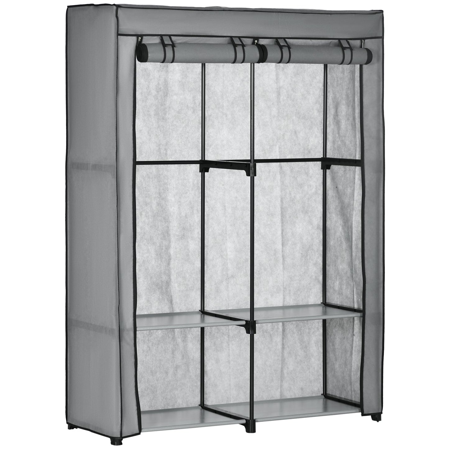 Fabric wardrobe with rails & 4 compartments, light grey