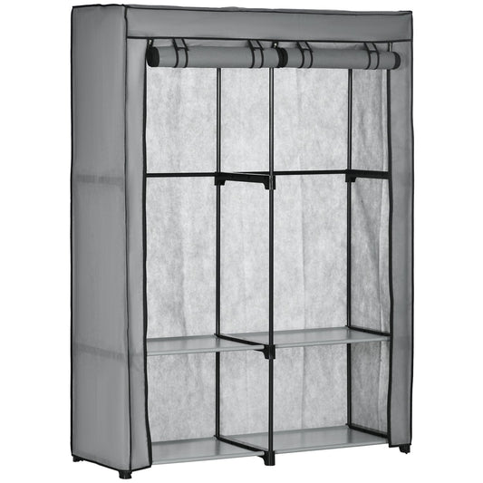 Fabric wardrobe with rails & 4 compartments, light grey