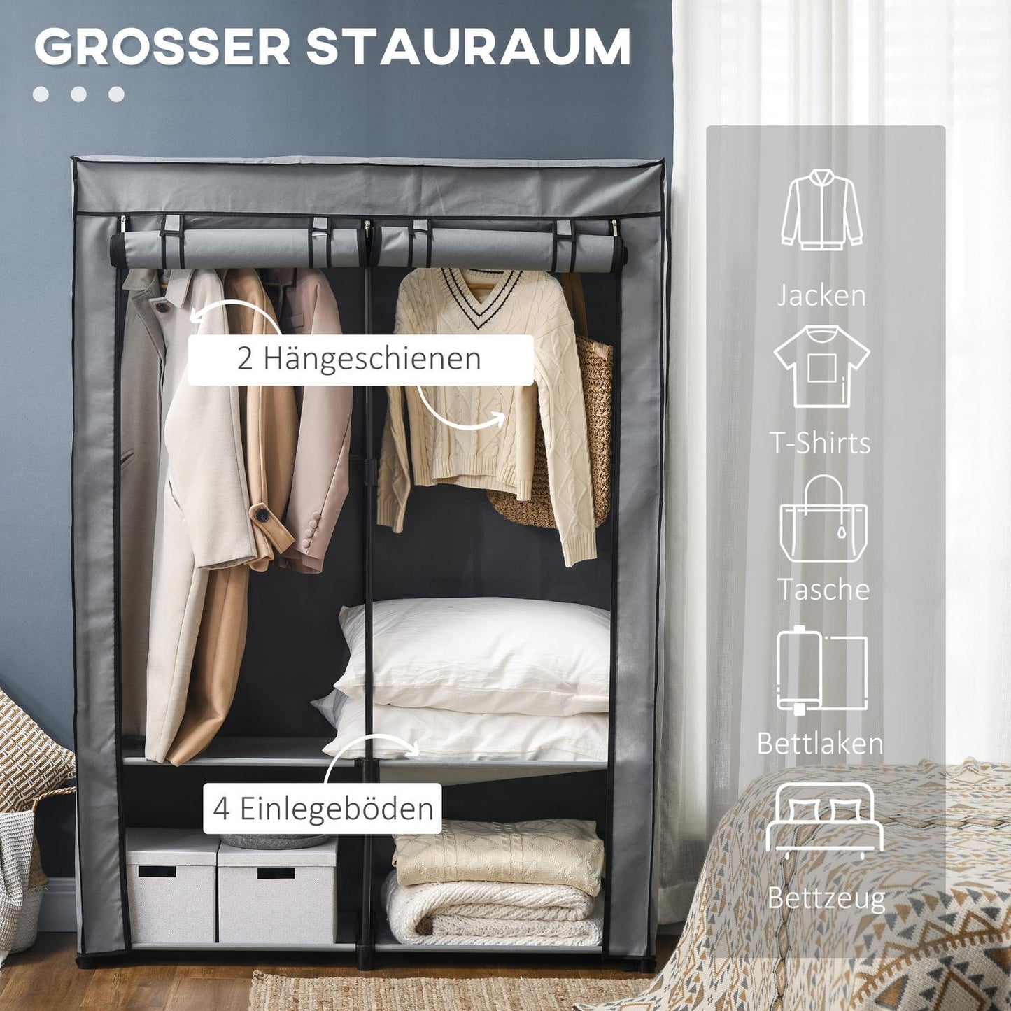 Fabric wardrobe with rails & 4 compartments, light grey