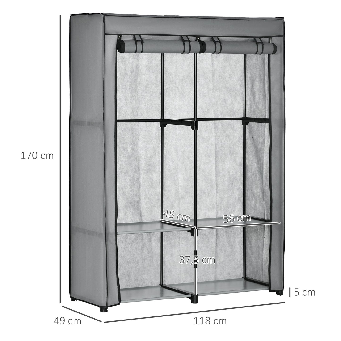 Fabric wardrobe with rails & 4 compartments, light grey