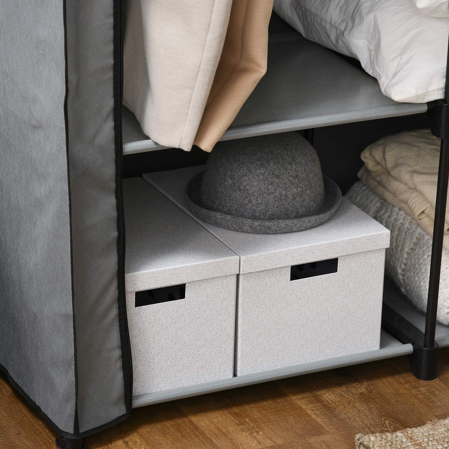 Fabric wardrobe with rails & 4 compartments, light grey