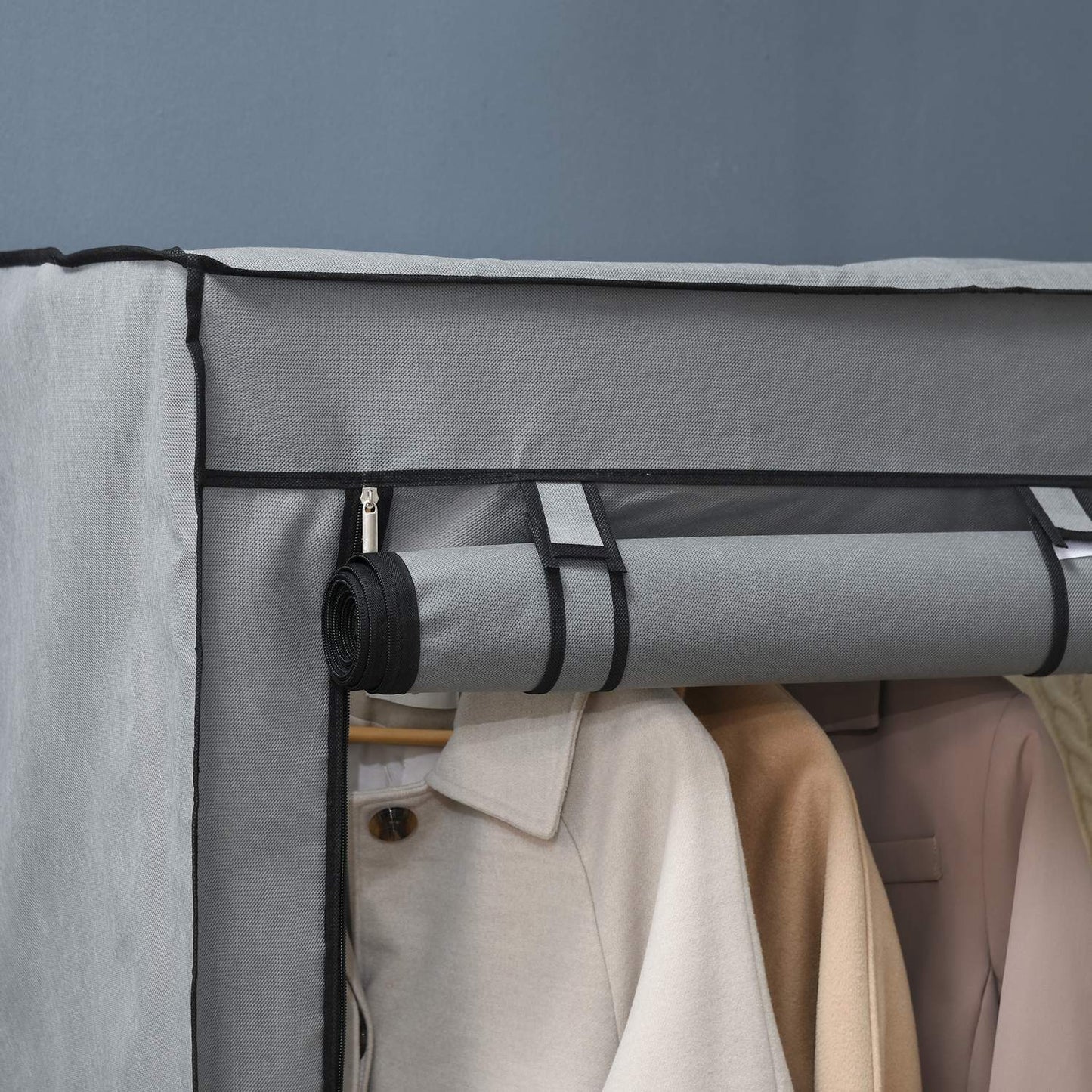 Fabric wardrobe with rails & 4 compartments, light grey