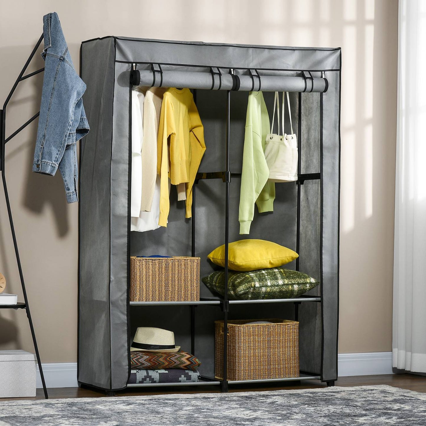 Fabric wardrobe with rails & 4 compartments, light grey