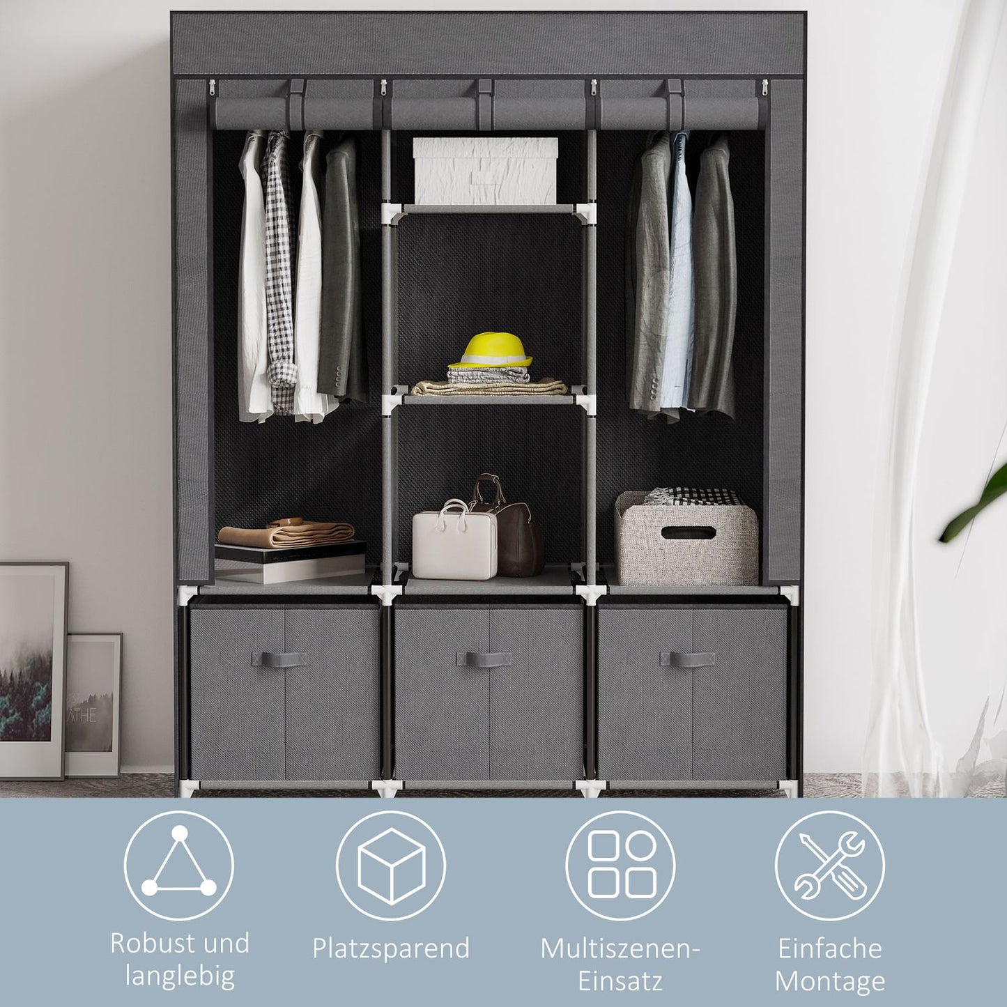 Folding wardrobe, zipper, non-woven, dark grey