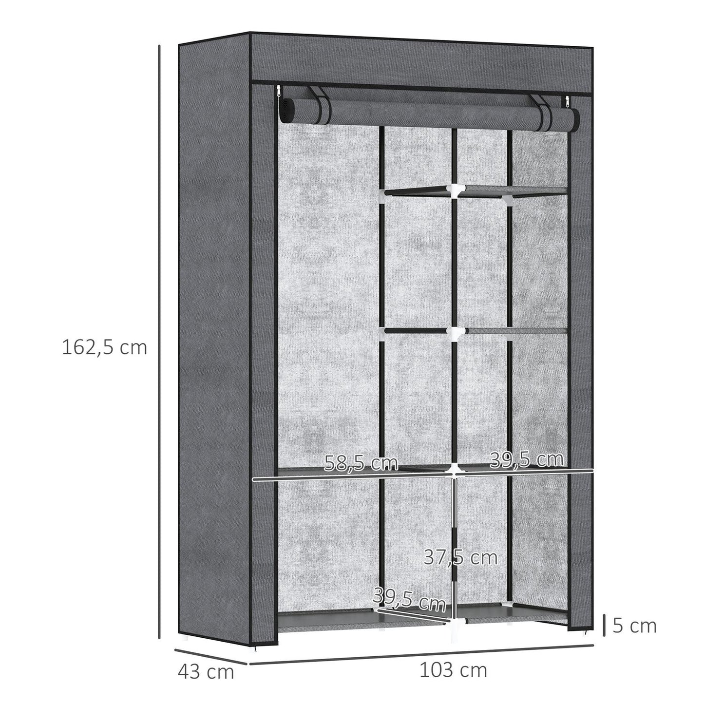 Folding wardrobe with rail & 6 compartments, dark grey
