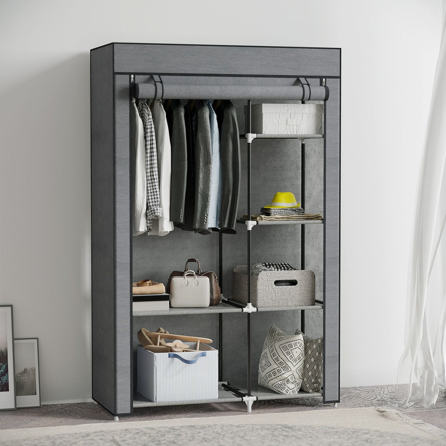 Folding wardrobe with rail & 6 compartments, dark grey