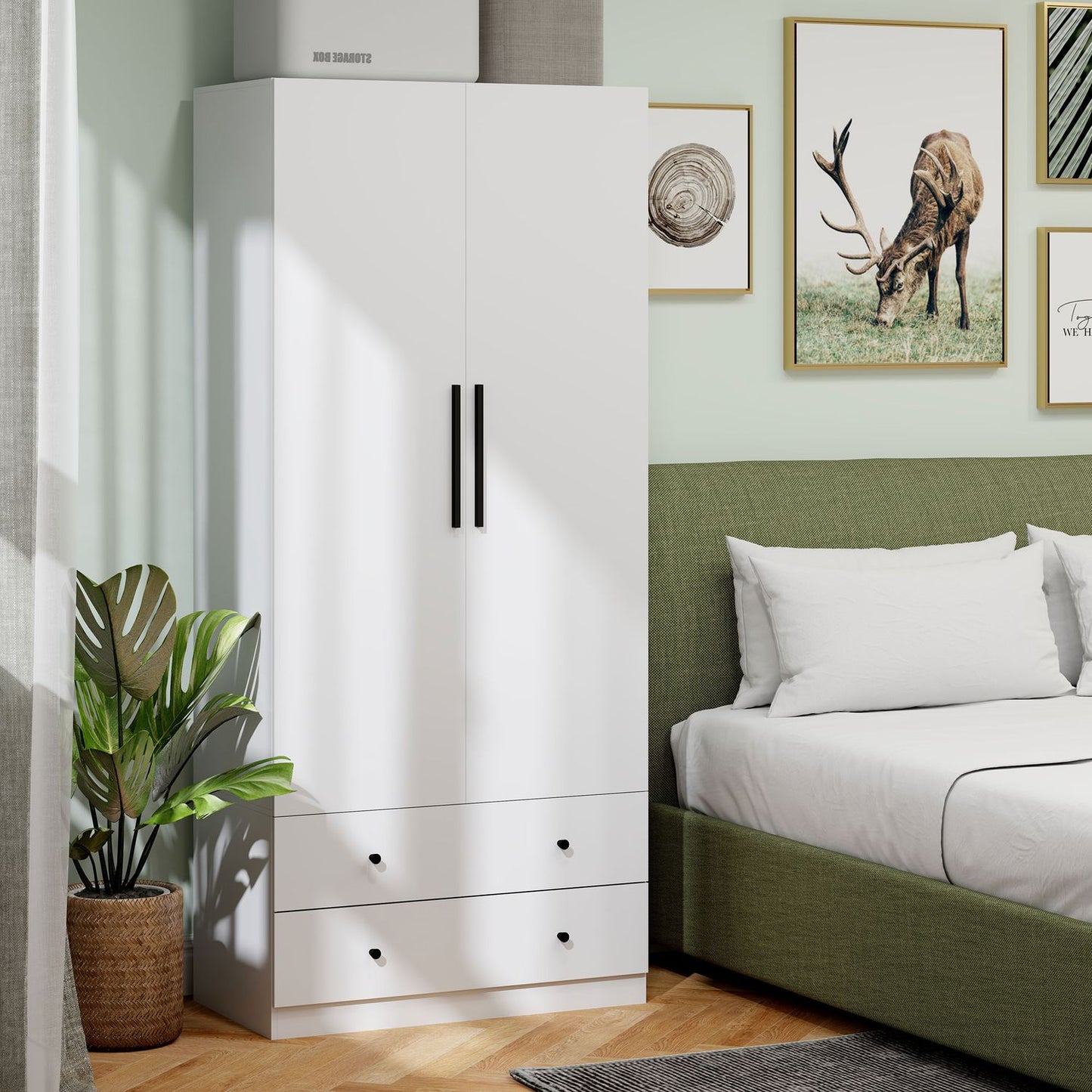 White two-door wardrobe with clothes rail and drawers