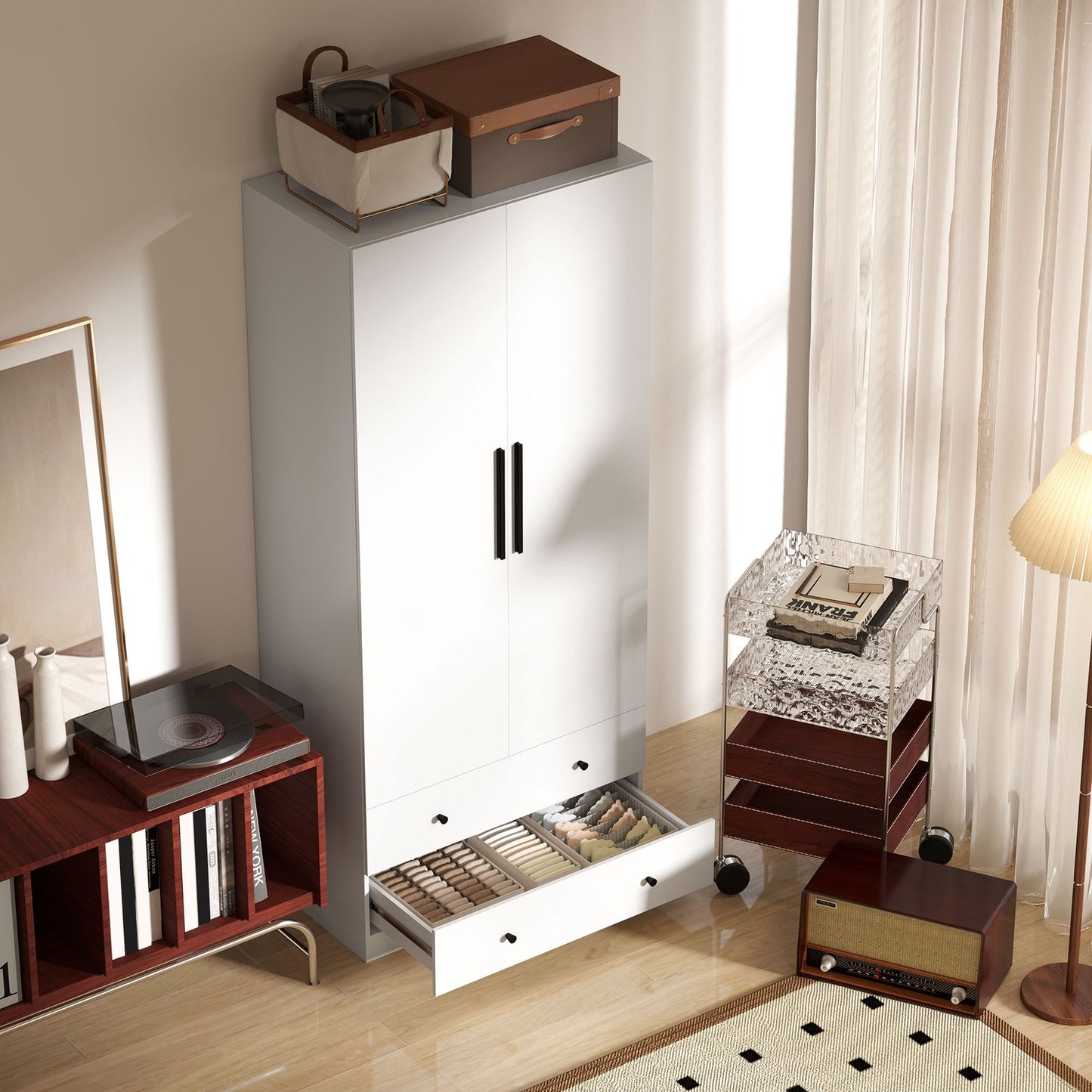 White two-door wardrobe with clothes rail and drawers