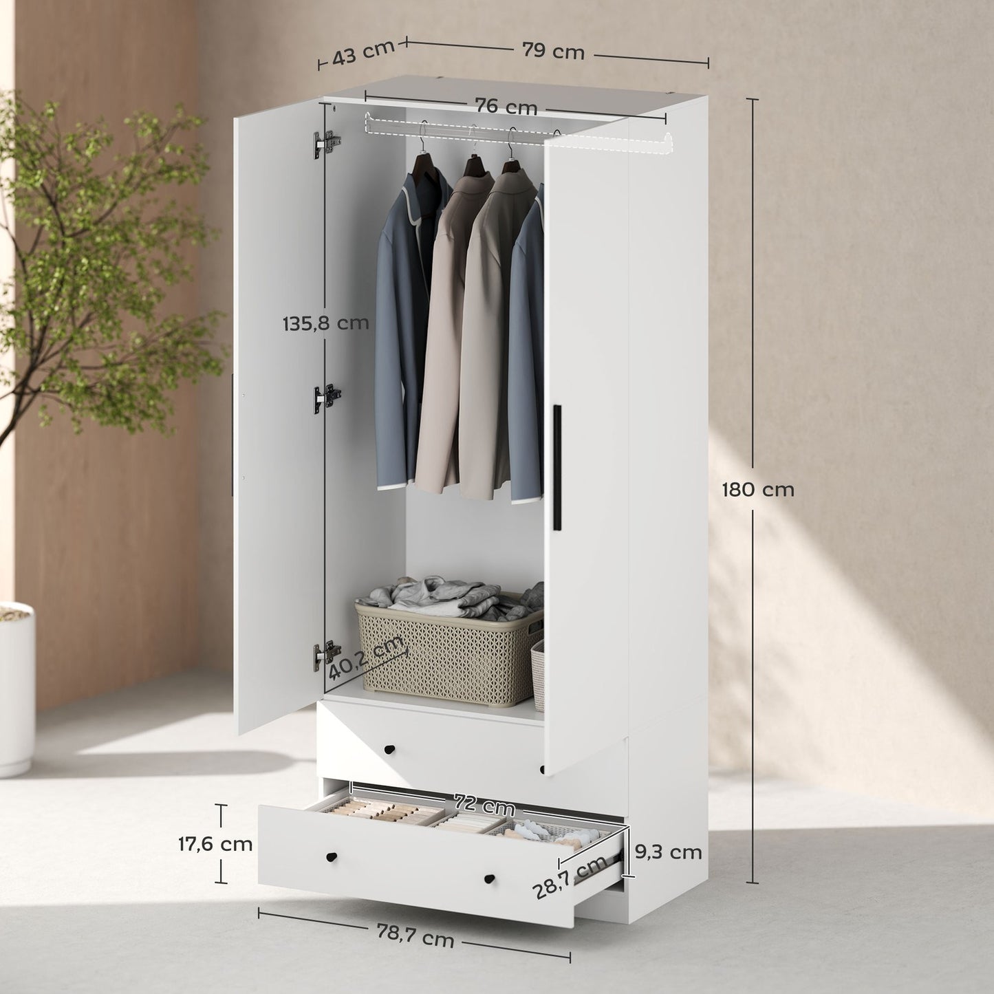 White two-door wardrobe with clothes rail and drawers