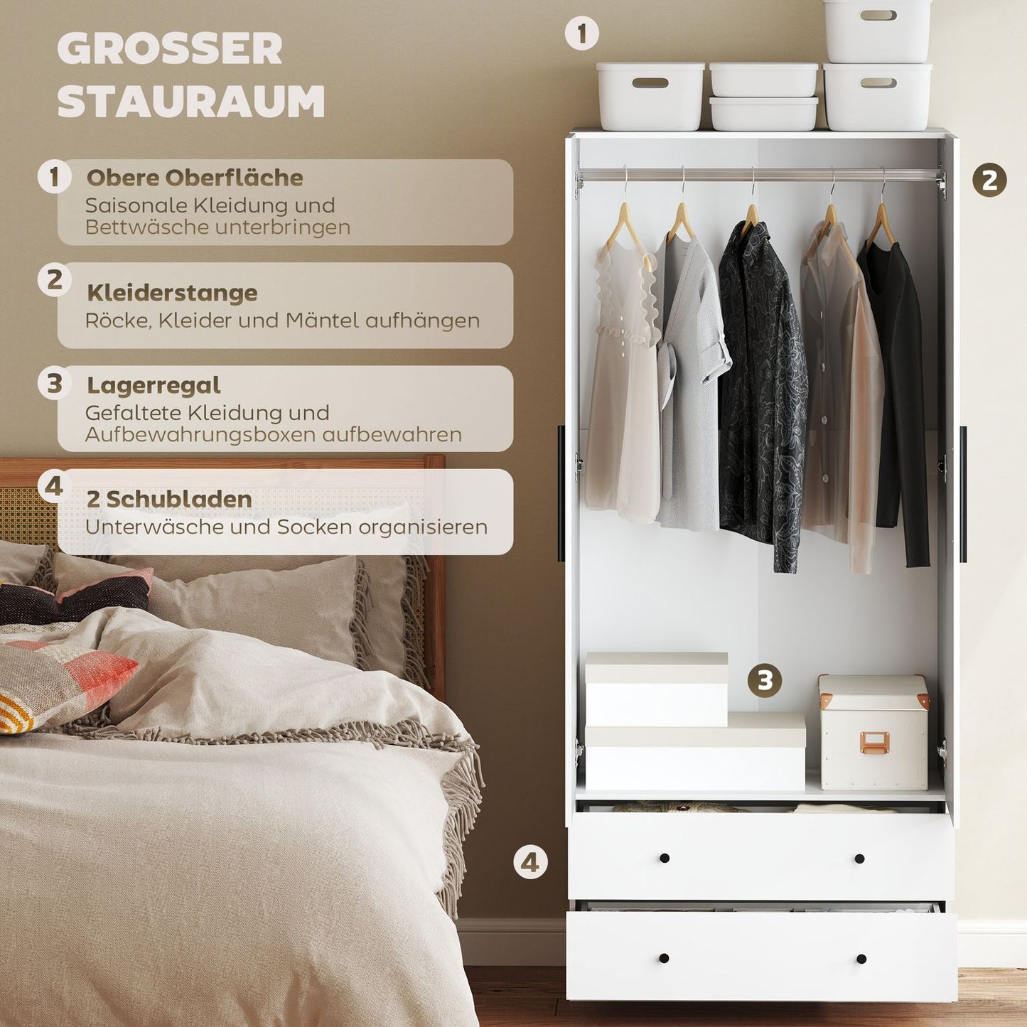 White two-door wardrobe with clothes rail and drawers