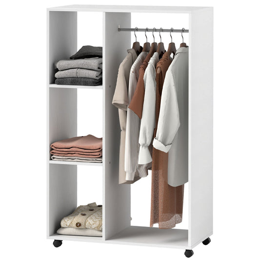 Rolling clothes rack - 3 shelves, rail, 80x40x128 cm, white