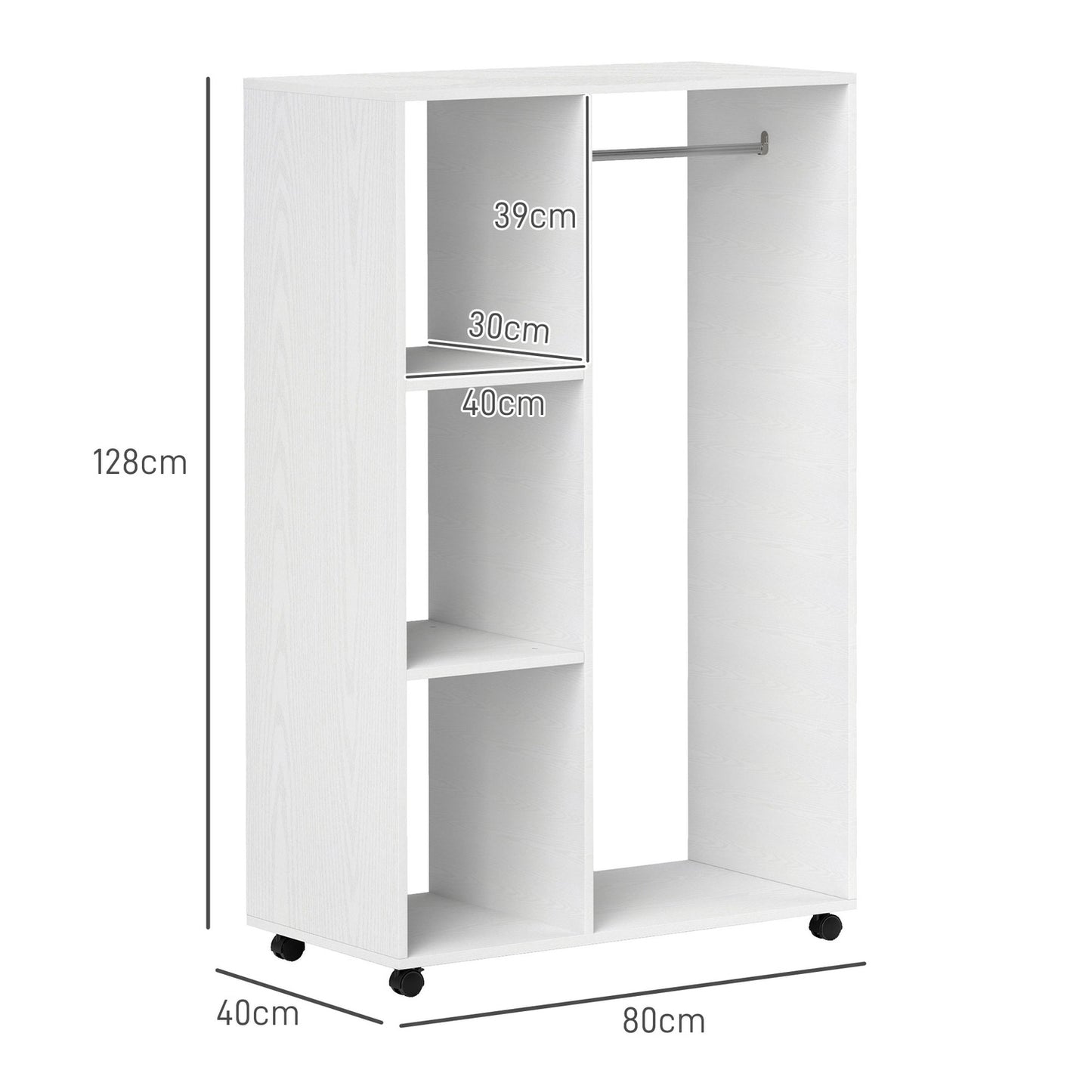 Rolling clothes rack - 3 shelves, rail, 80x40x128 cm, white