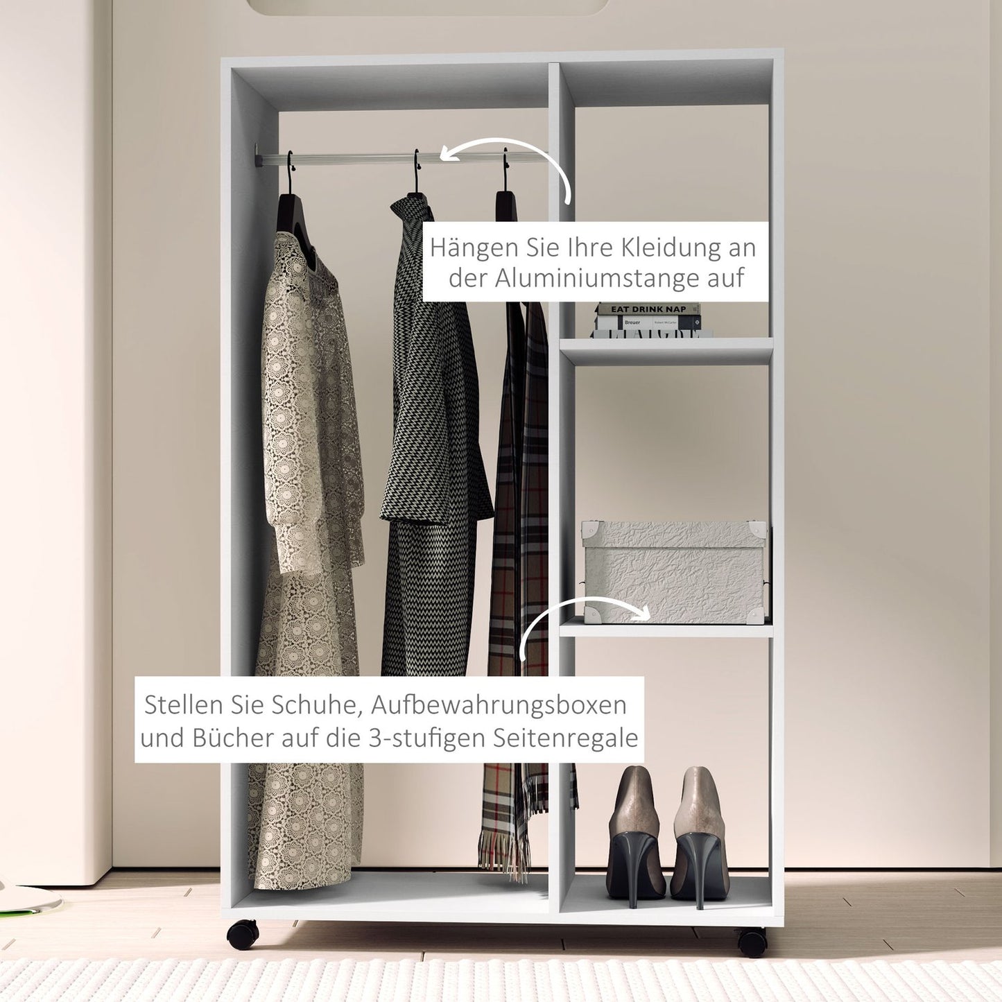 Rolling clothes rack - 3 shelves, rail, 80x40x128 cm, white