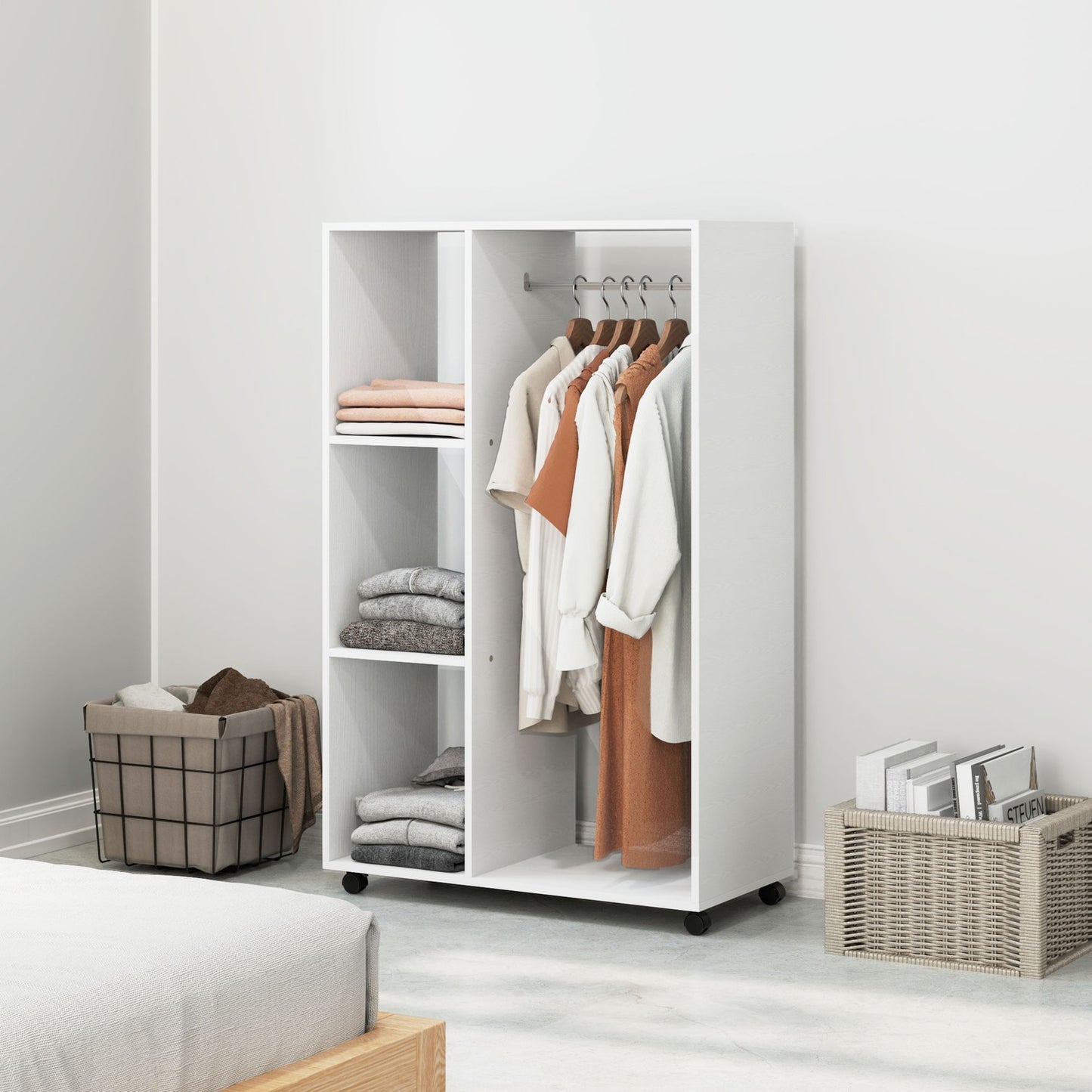 Rolling clothes rack - 3 shelves, rail, 80x40x128 cm, white