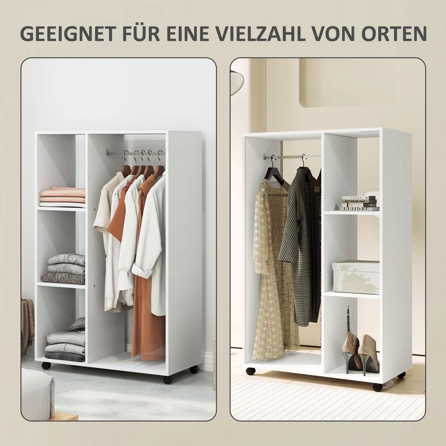 Rolling clothes rack - 3 shelves, rail, 80x40x128 cm, white