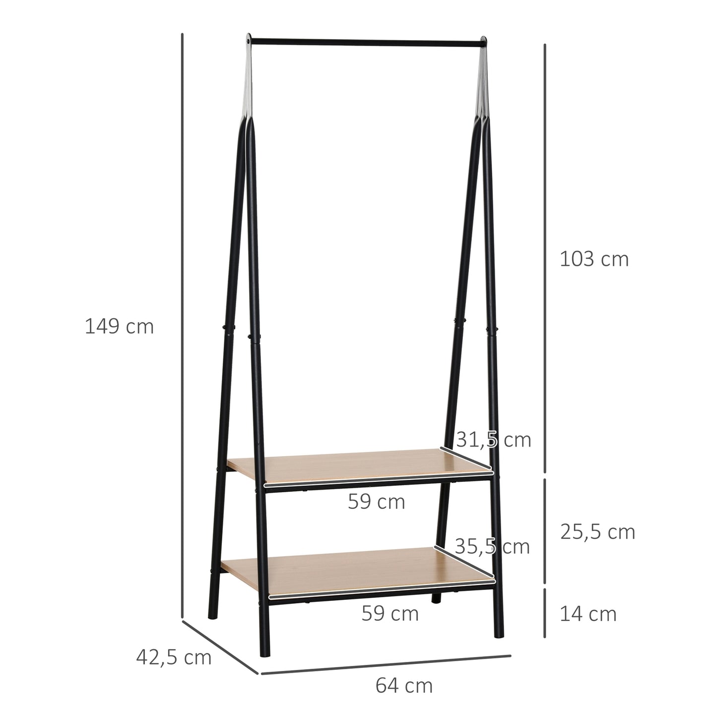 Clothes rack with shoe storage, metal & wood, black/natural