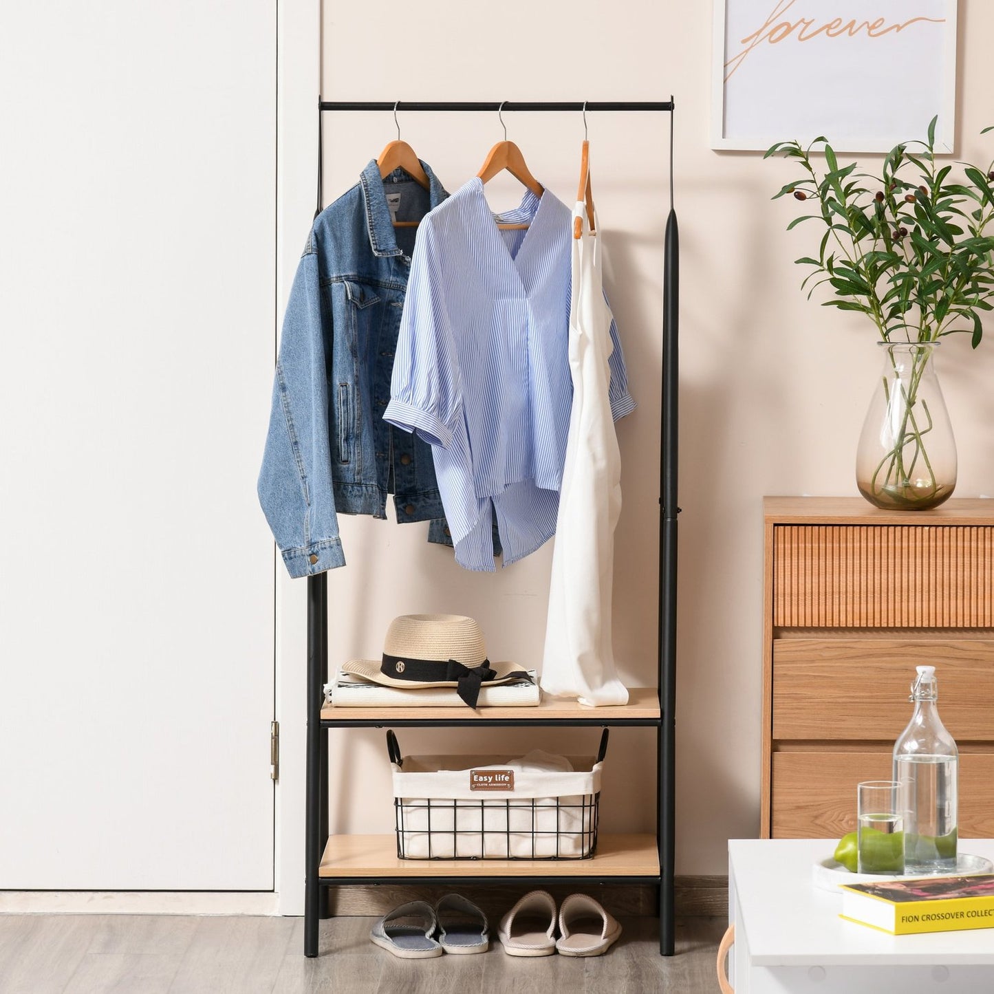 Clothes rack with shoe storage, metal & wood, black/natural