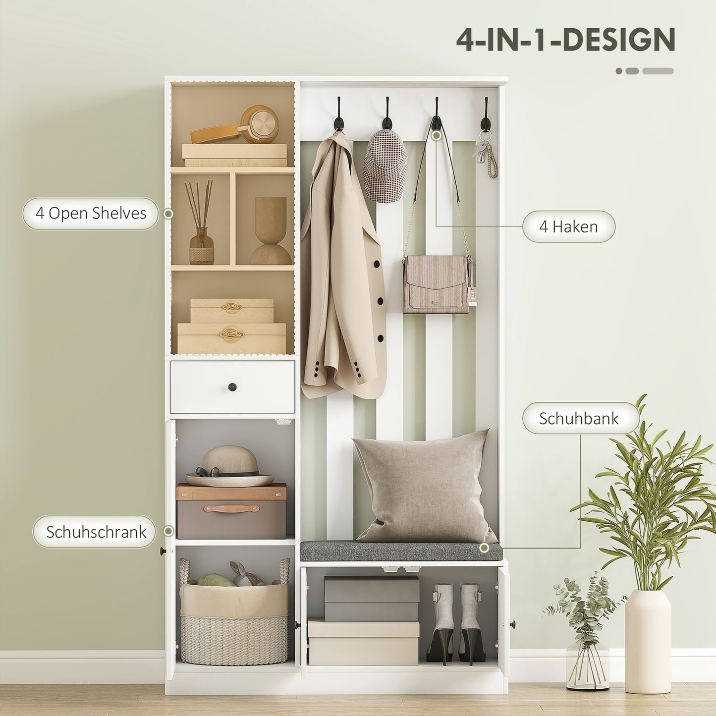 Wardrobe with Clothes Rack, Shoe Bench, Hooks, MDF, White