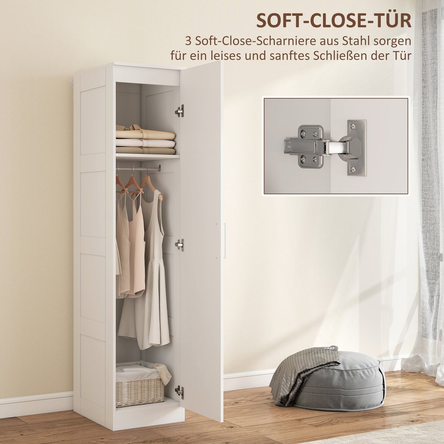 Wardrobe with Clothes Rail, Shelf, Soft-Close Door, White, 40x52x180 cm