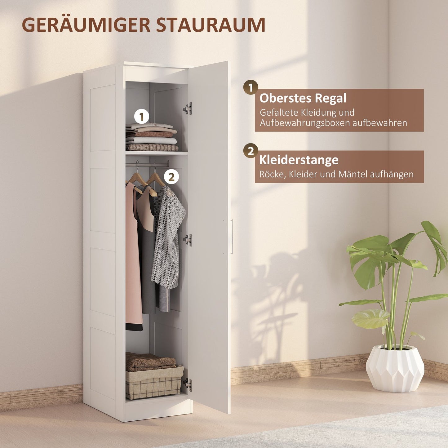Wardrobe with Clothes Rail, Shelf, Soft-Close Door, White, 40x52x180 cm