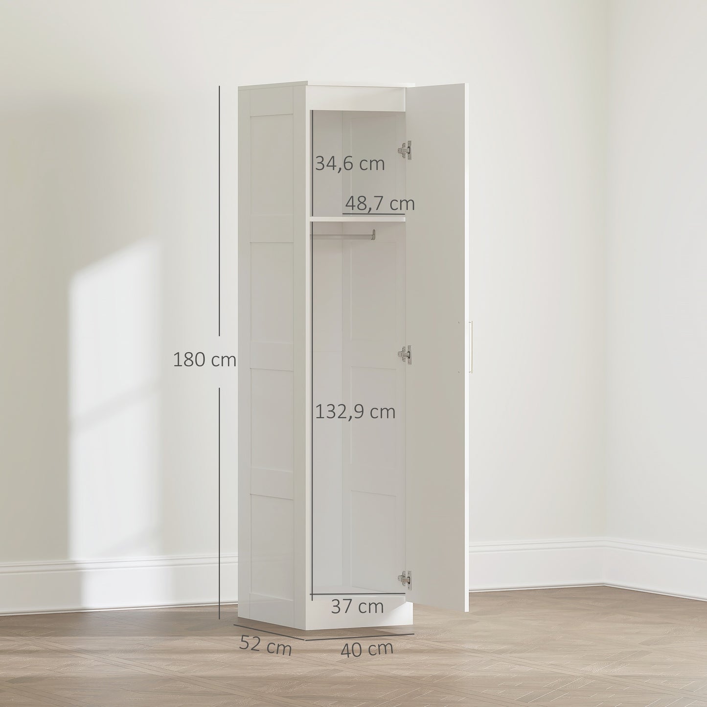 Wardrobe with Clothes Rail, Shelf, Soft-Close Door, White, 40x52x180 cm