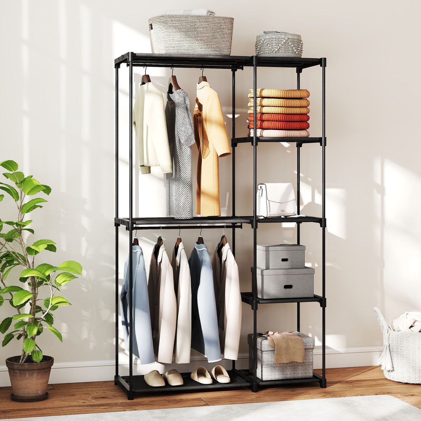 Wardrobe with Hanging Rail and Shelves, 111x43x185 cm, Black
