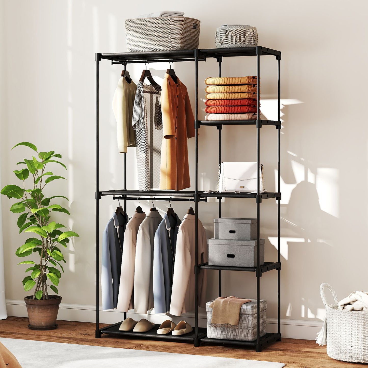 Wardrobe with Hanging Rail and Shelves, 111x43x185 cm, Black