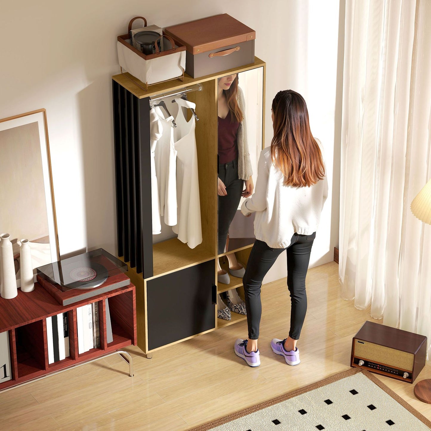 Wardrobe with Mirror, Hanging Rail, Natural Wood, Black