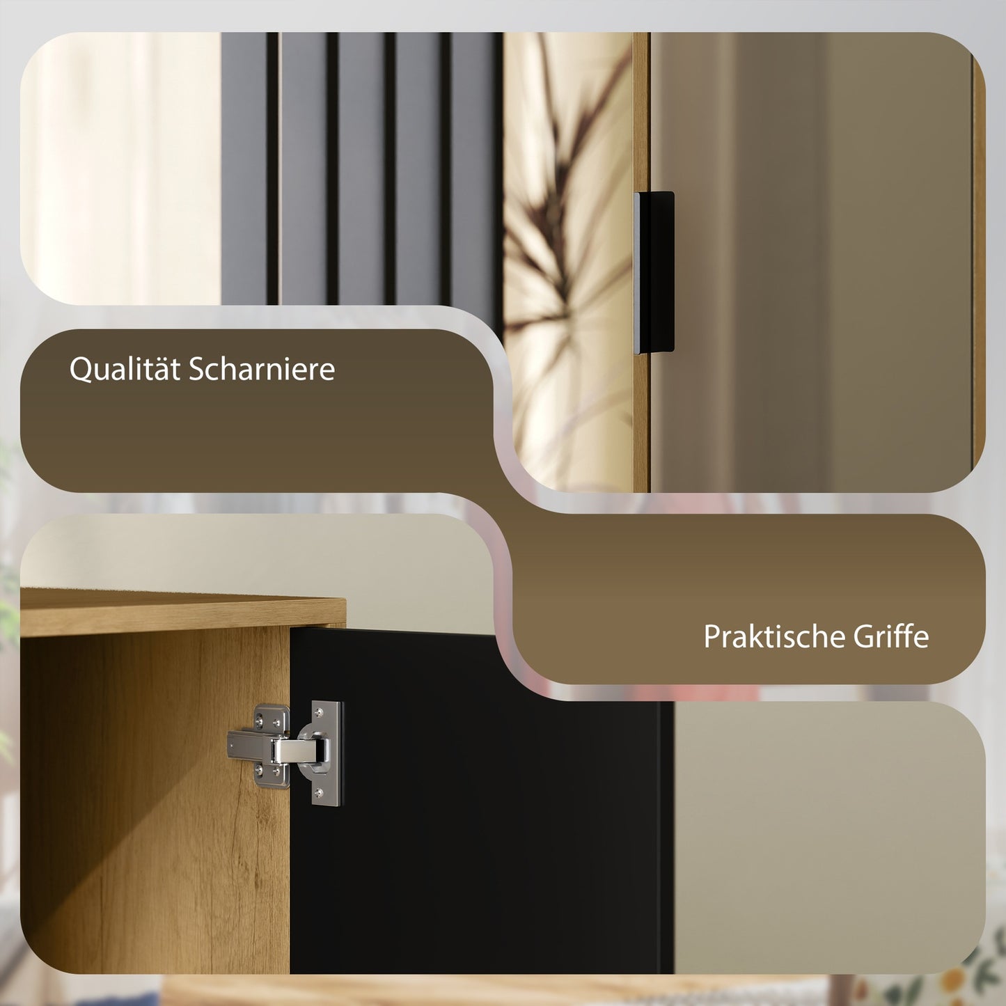 Wardrobe with Mirror, Hanging Rail, Natural Wood, Black