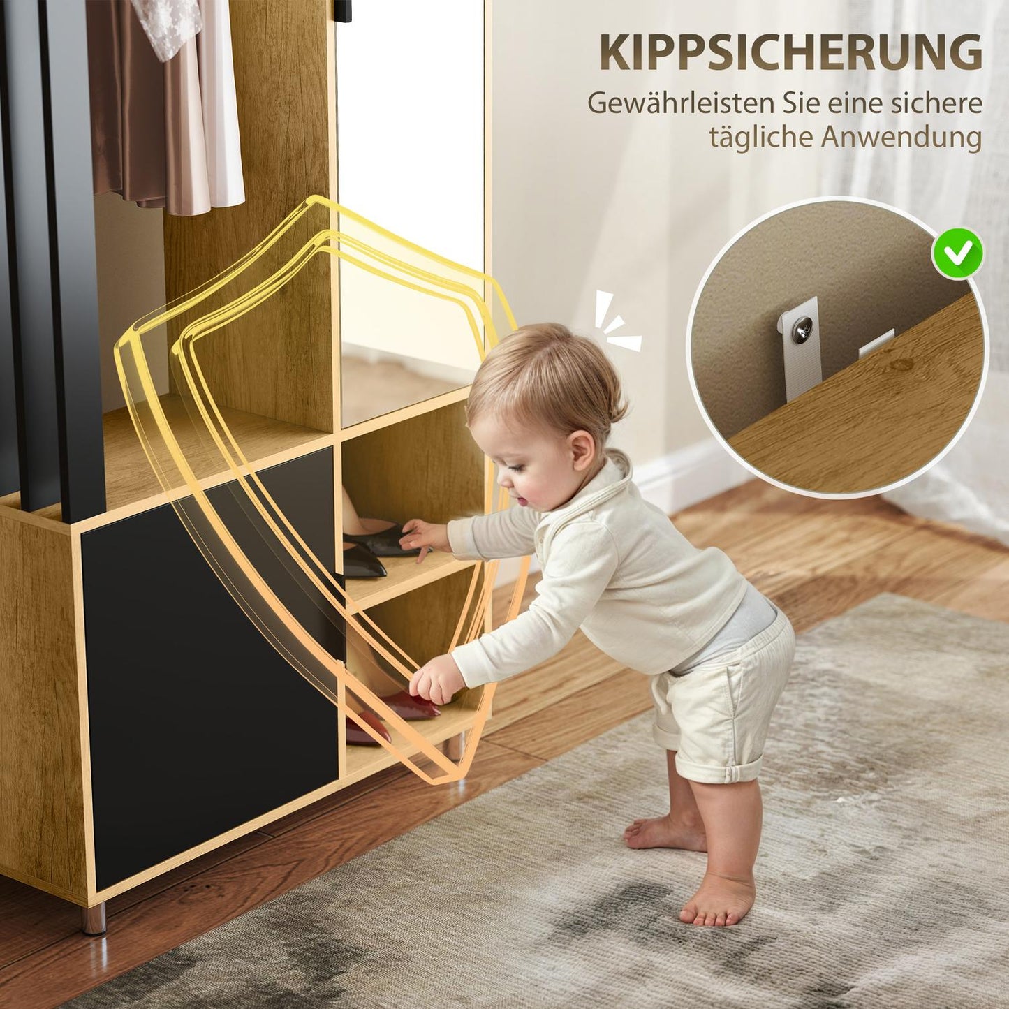 Wardrobe with Mirror, Hanging Rail, Natural Wood, Black