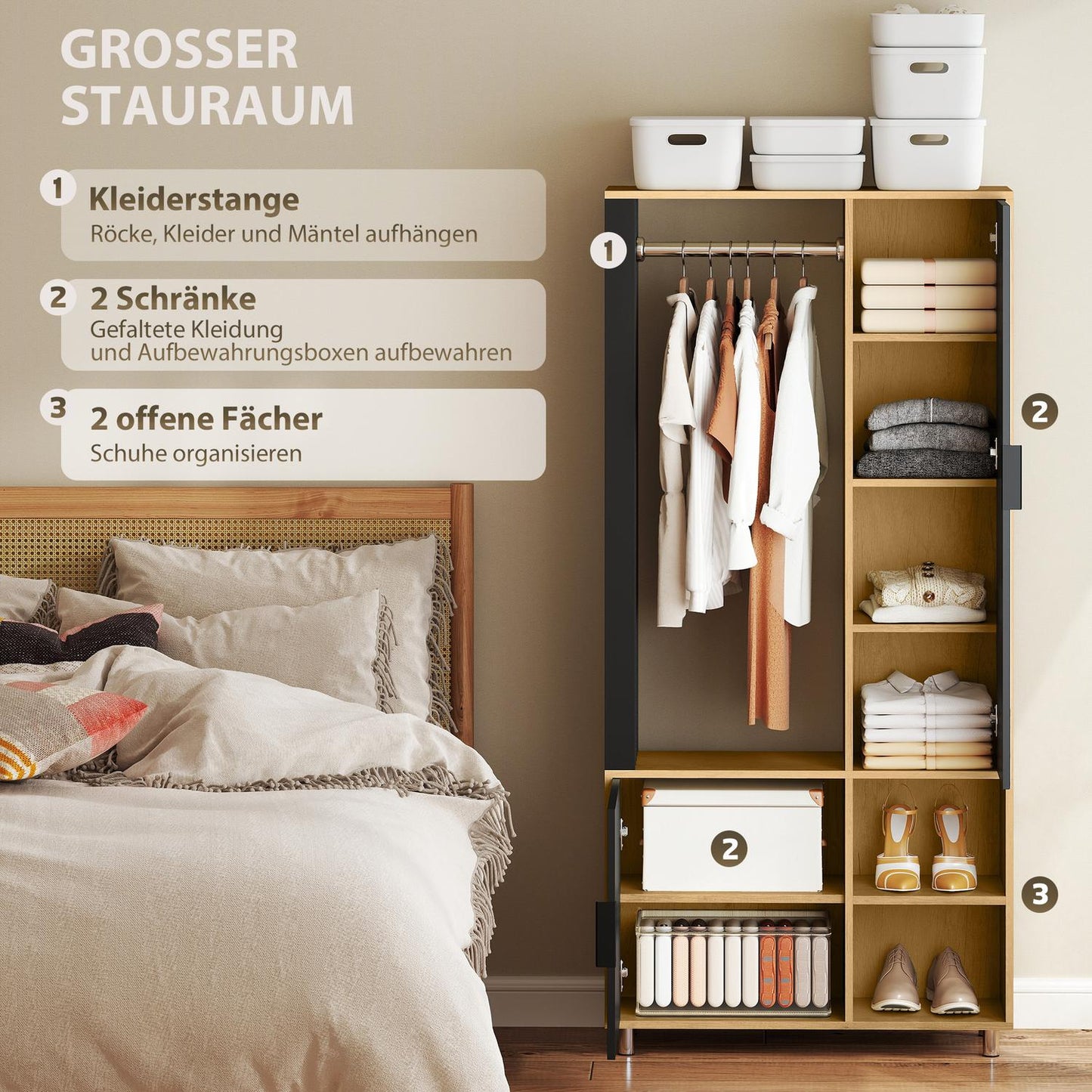 Wardrobe with Mirror, Hanging Rail, Natural Wood, Black