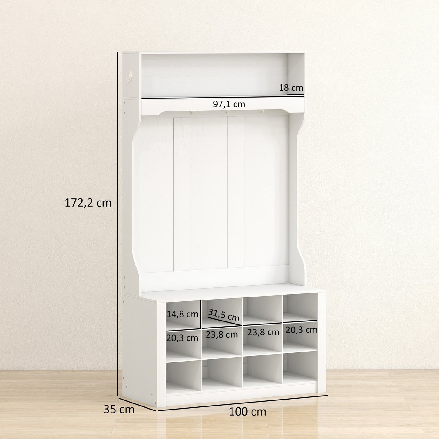 Wardrobe with Shelf, Bench, Hooks, Shoe Compartments, White