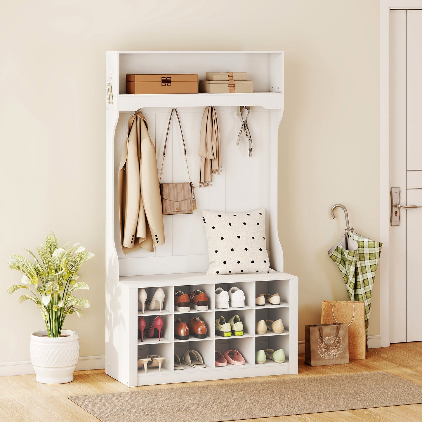 Wardrobe with Shelf, Bench, Hooks, Shoe Compartments, White