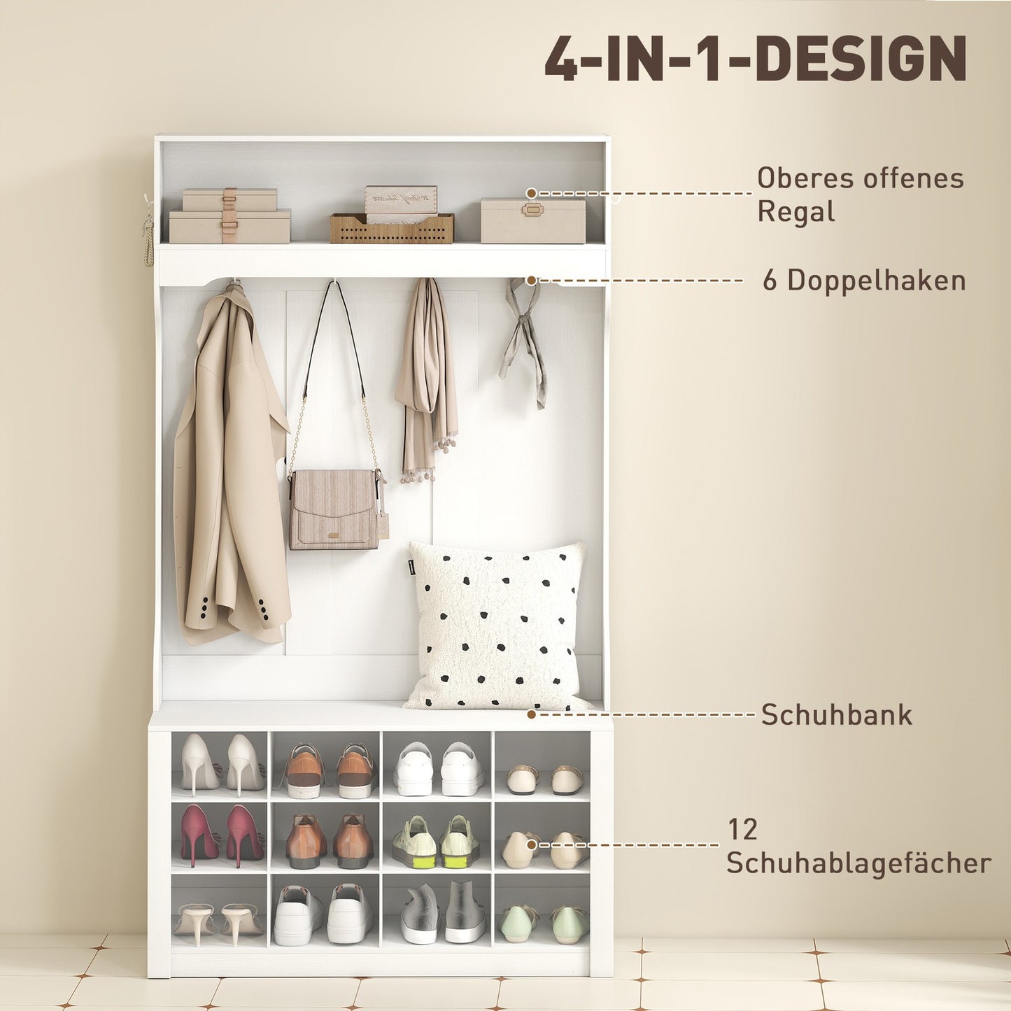 Wardrobe with Shelf, Bench, Hooks, Shoe Compartments, White