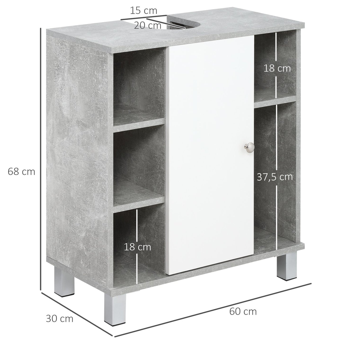 Gray & white bathroom cabinet, adjustable shelves
