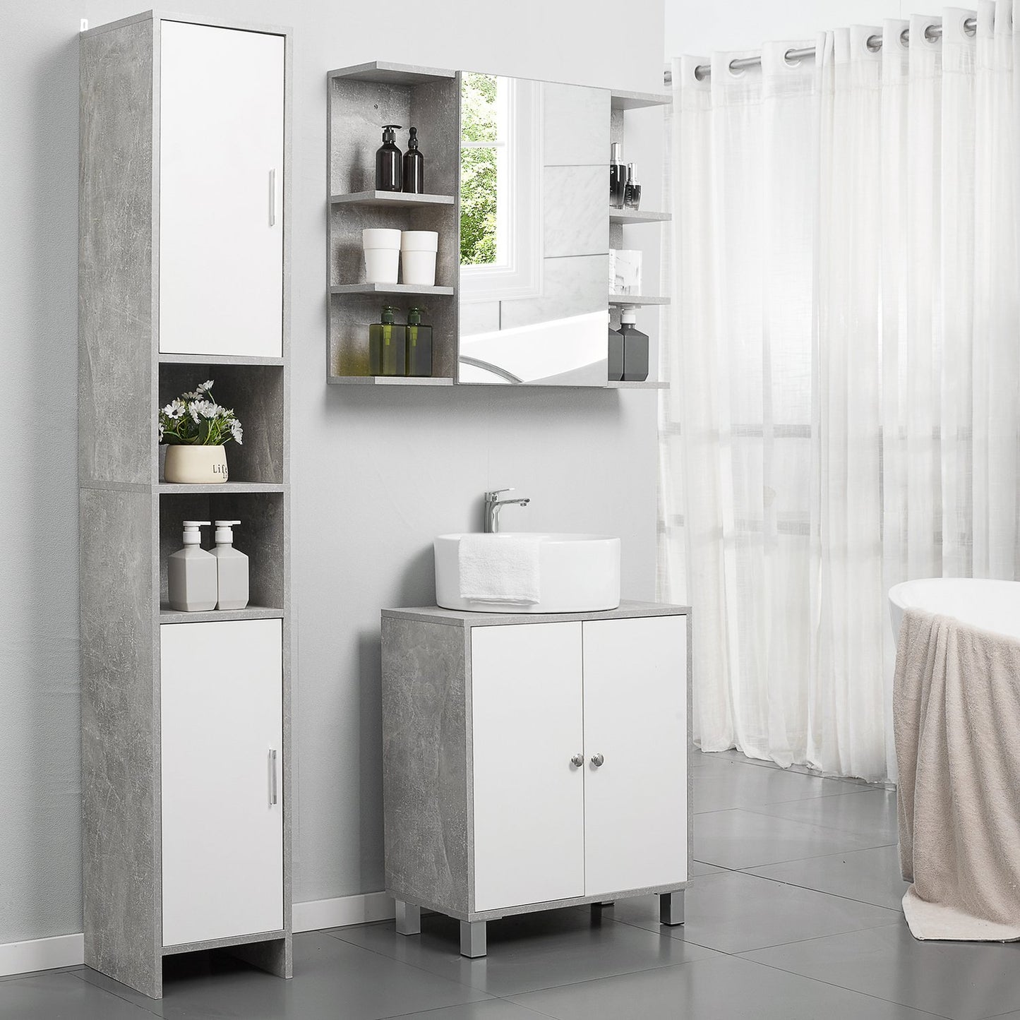 Gray & white bathroom cabinet, adjustable shelves