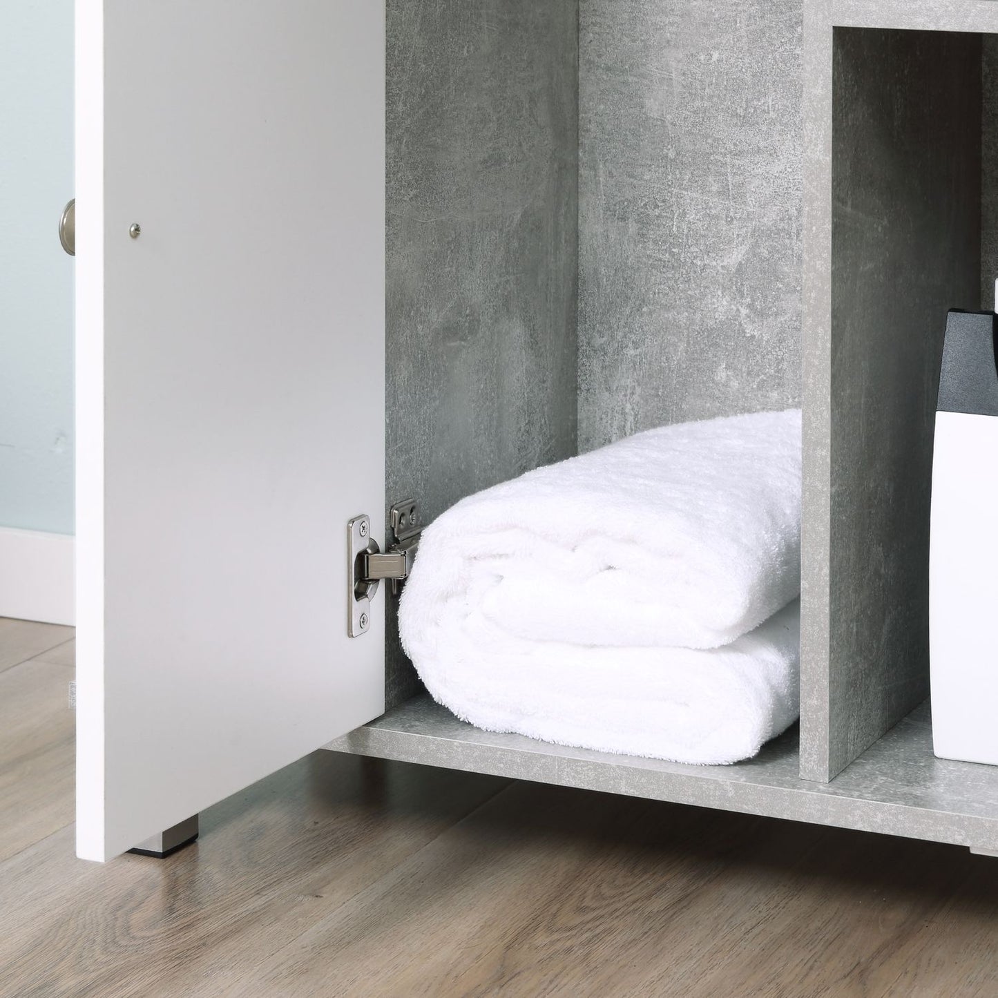 Gray & white bathroom cabinet, adjustable shelves