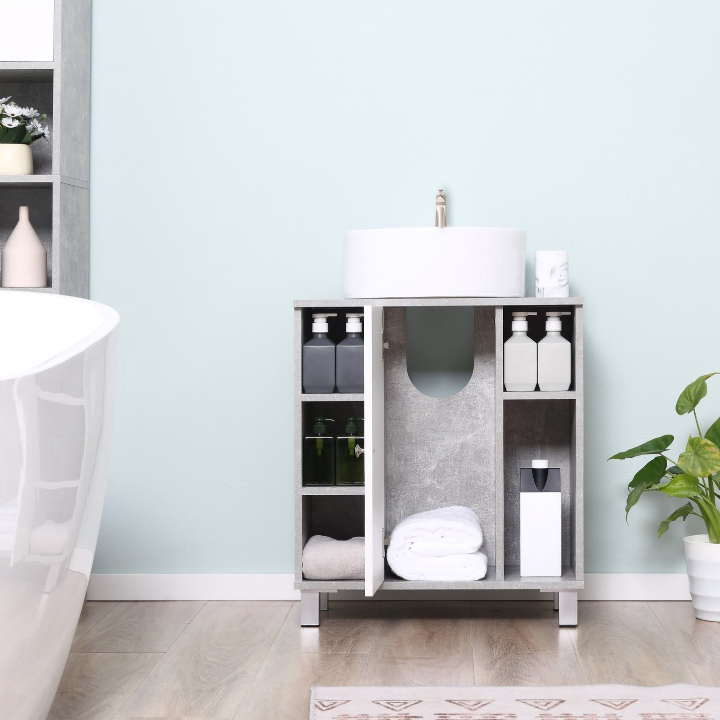 Gray & white bathroom cabinet, adjustable shelves