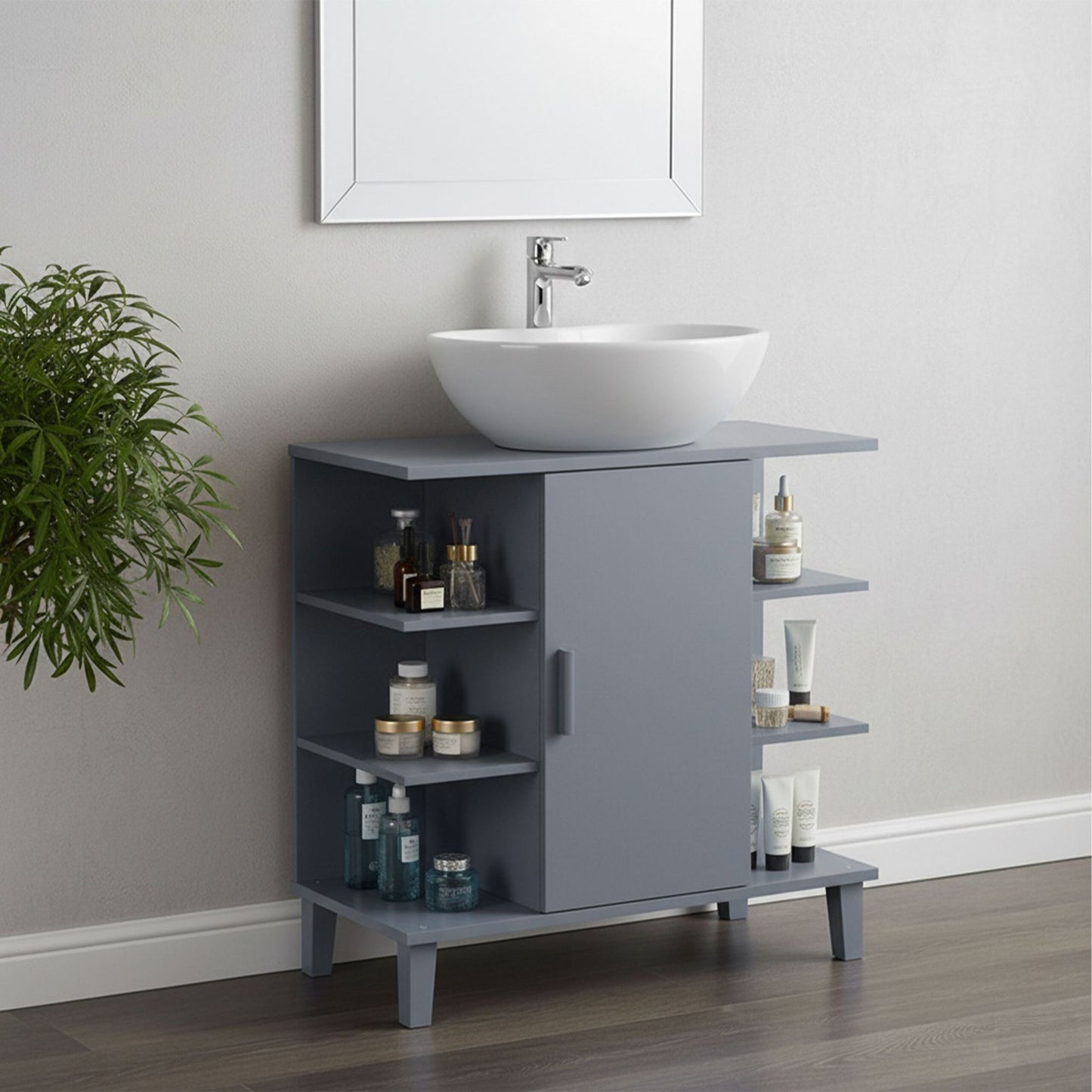 Washbasin Cabinet with Door & 6 Open Shelves