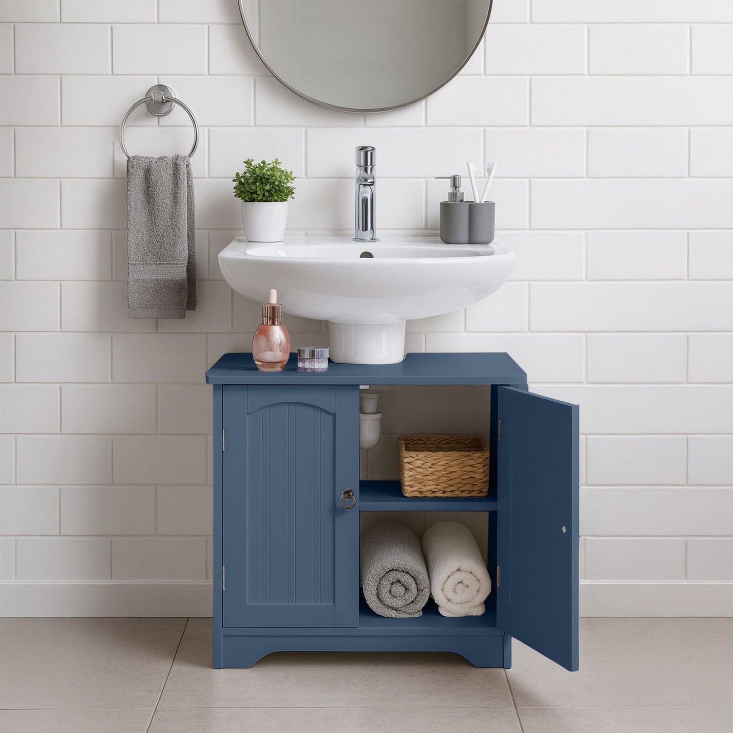 Washbasin Cabinet with Shelf – White MDF, Siphon Cut-Out