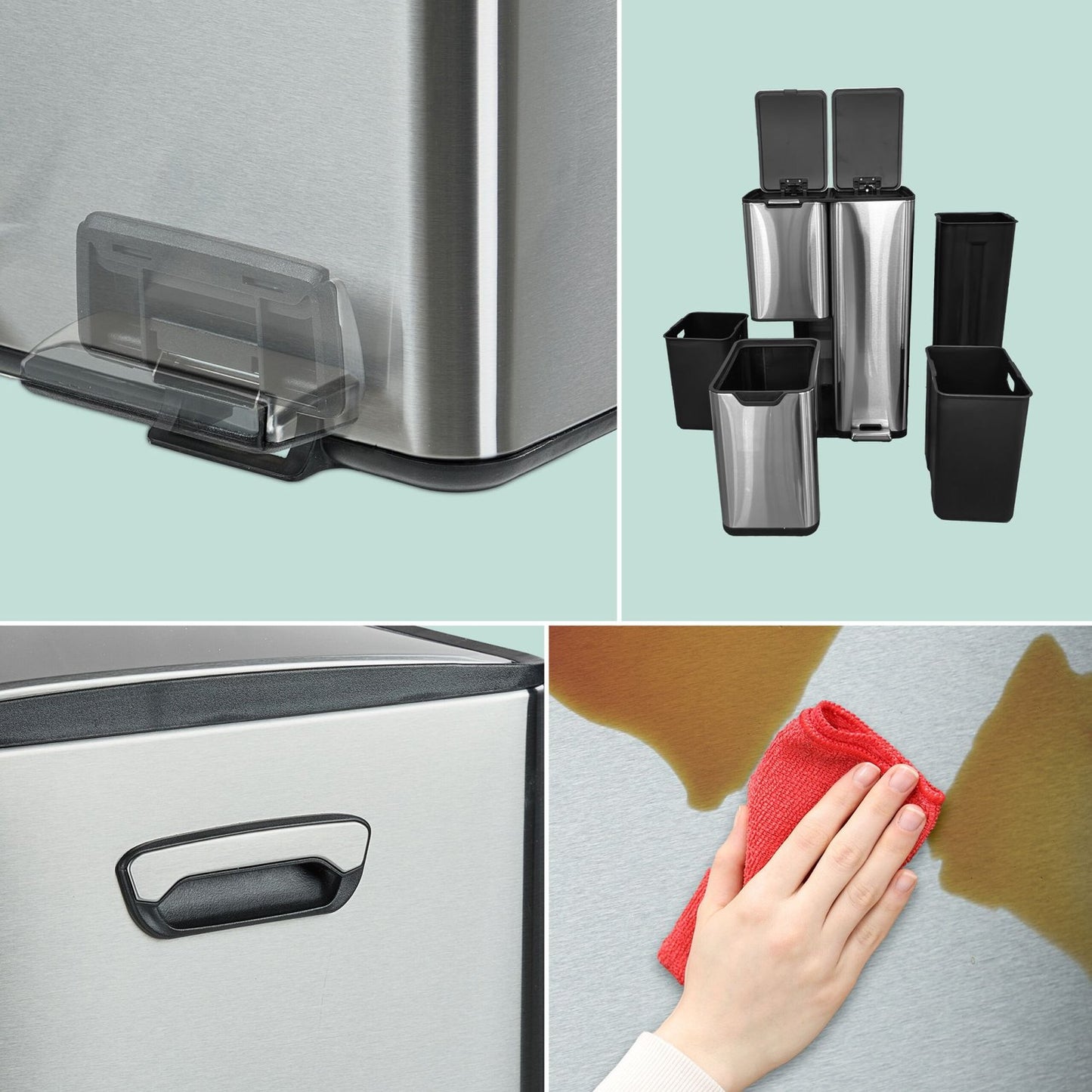 Waste Bin, 3 Compartments, 60L, Stainless Steel