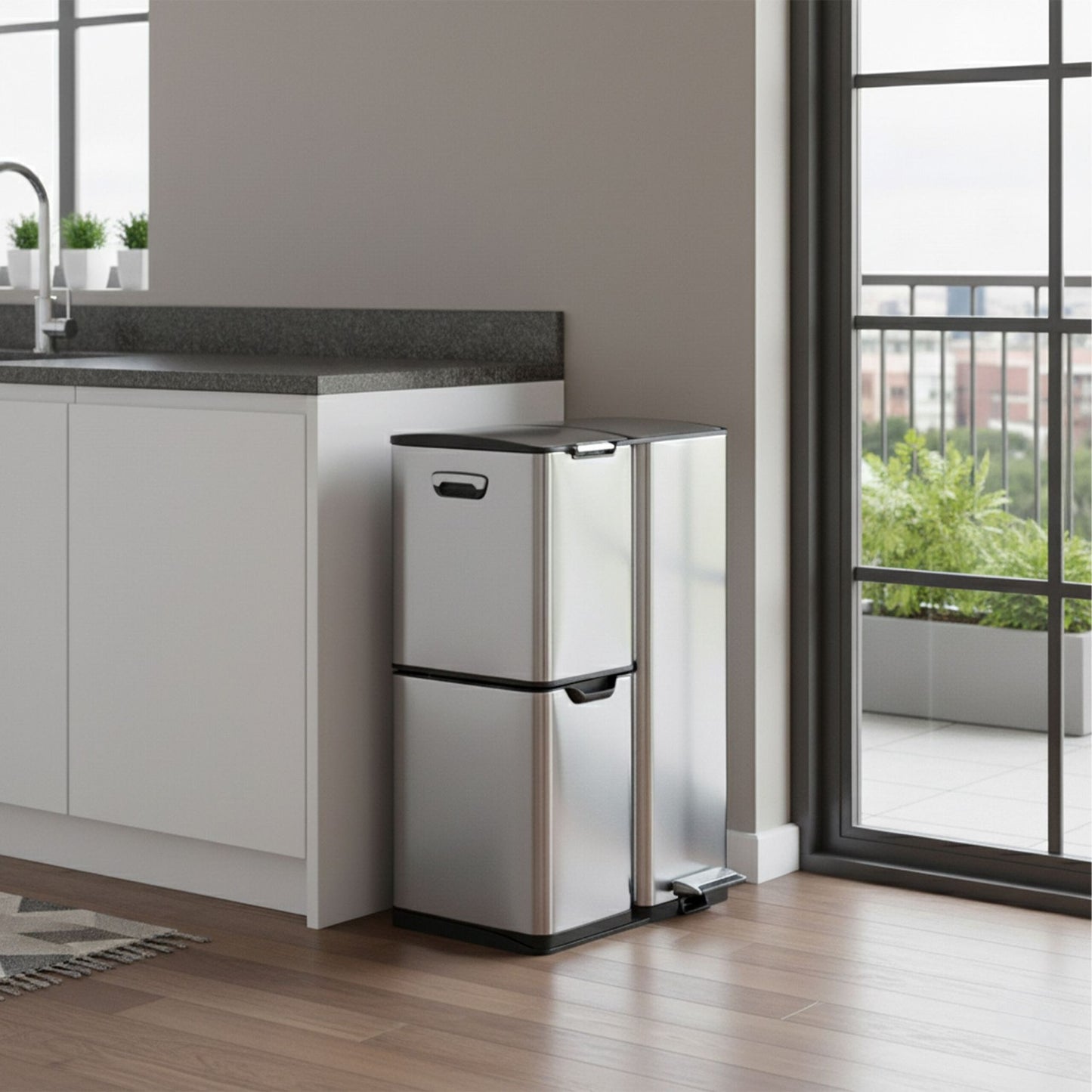 Waste Bin, 3 Compartments, 60L, Stainless Steel