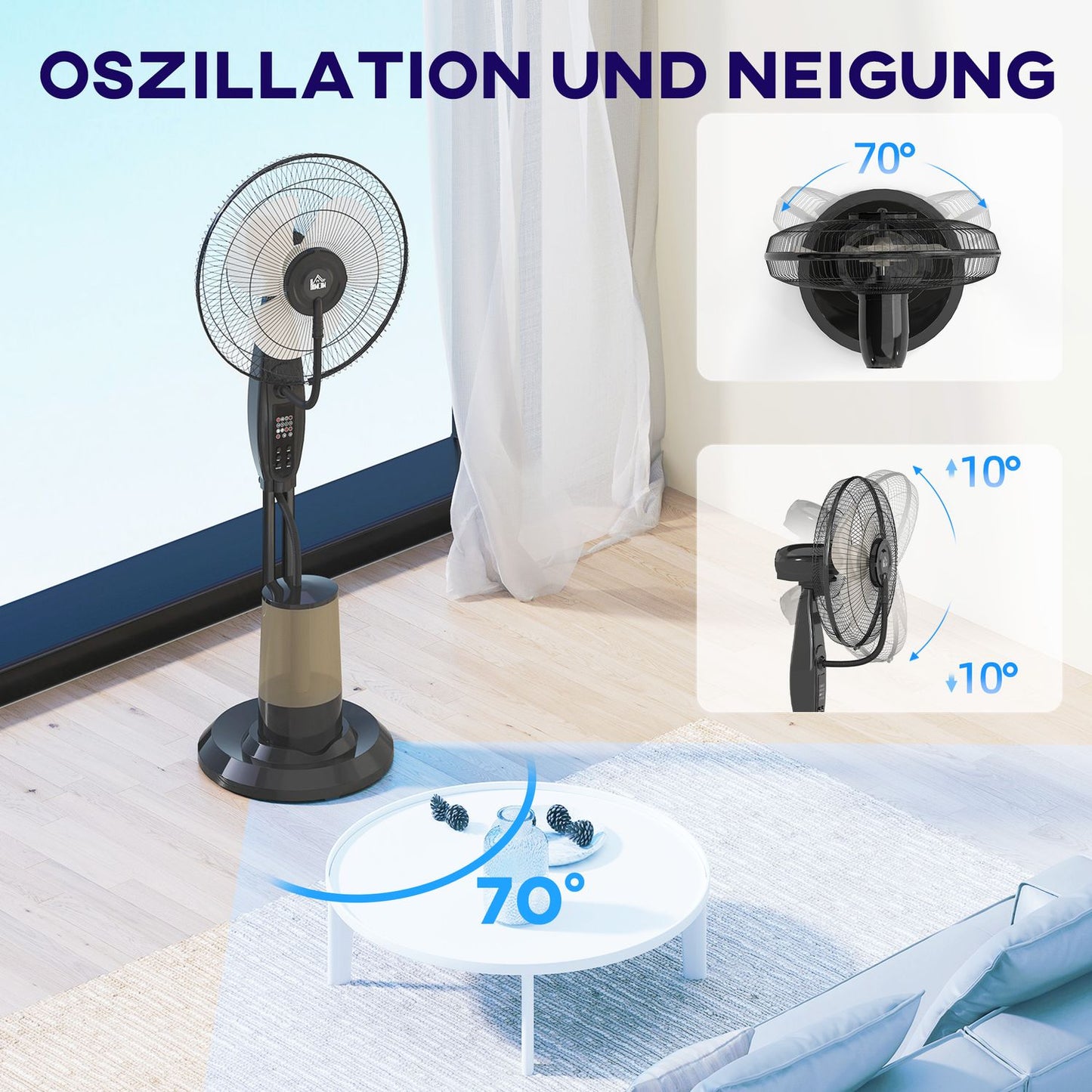 Oscillating pedestal water fan with mist, remote control, timer, 3.2L tank