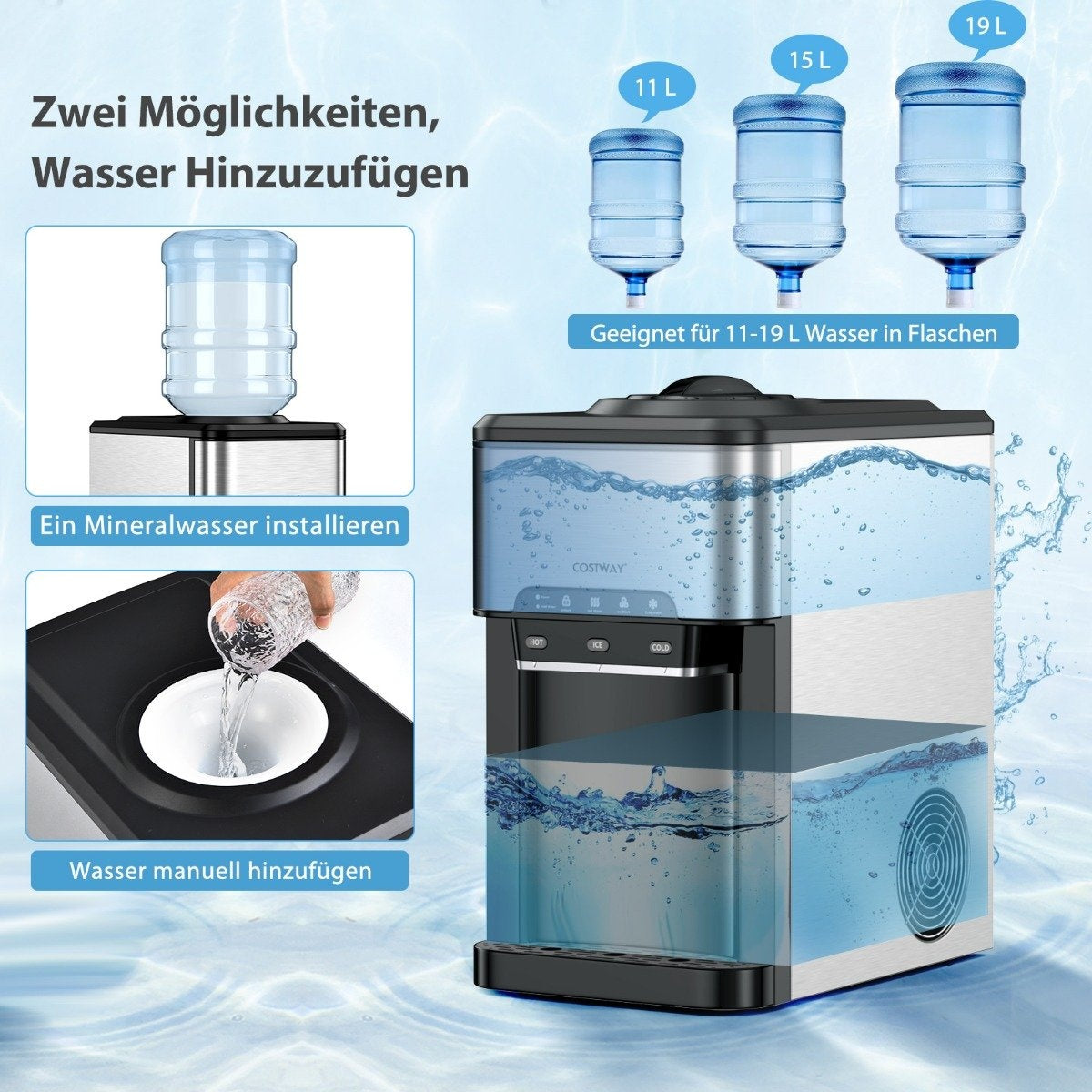 Water Dispenser 3-in-1 Countertop Water Cooler with 3 Temperature Settings for Hot/Cold/Ice Silver