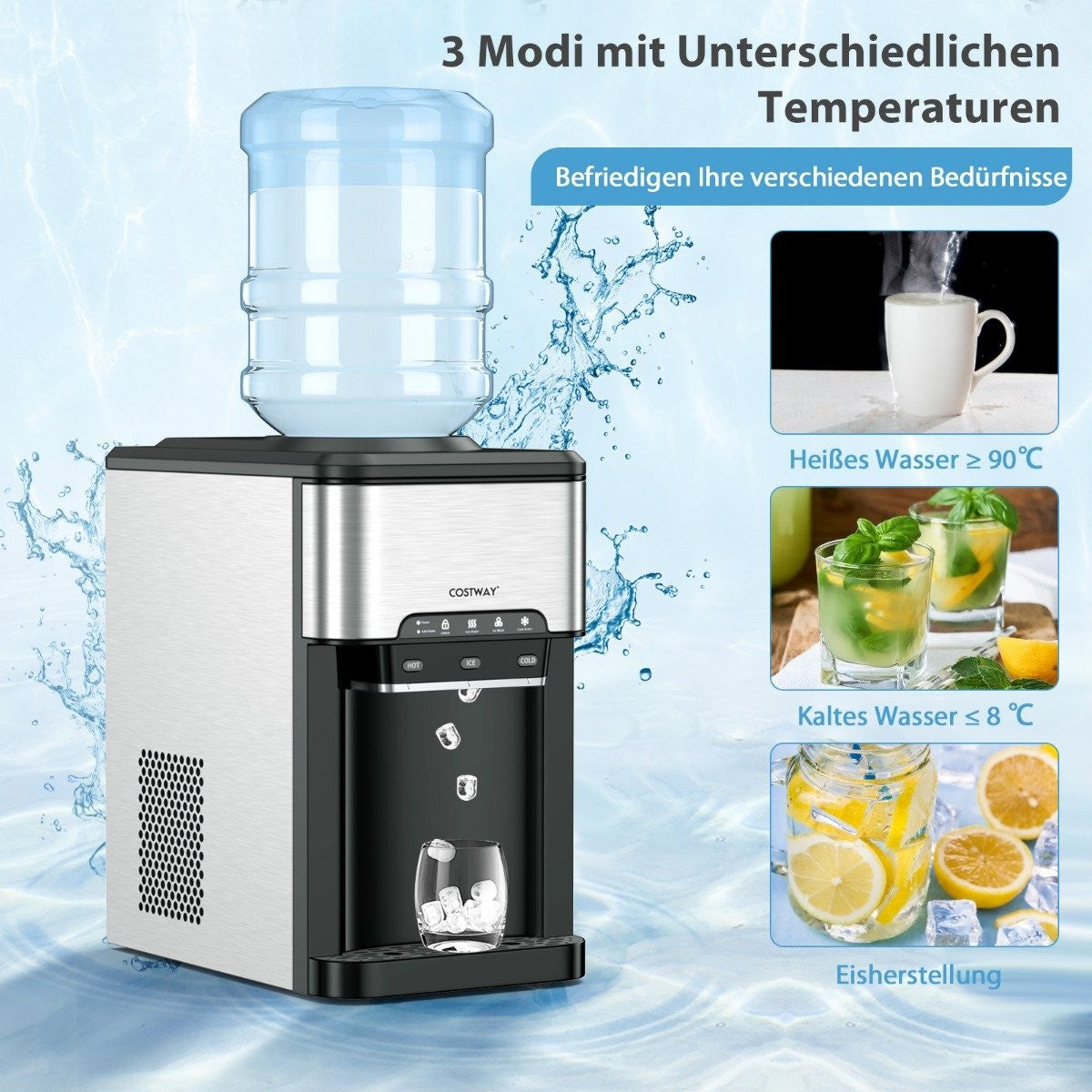 Water Dispenser 3-in-1 Countertop Water Cooler with 3 Temperature Settings for Hot/Cold/Ice Silver