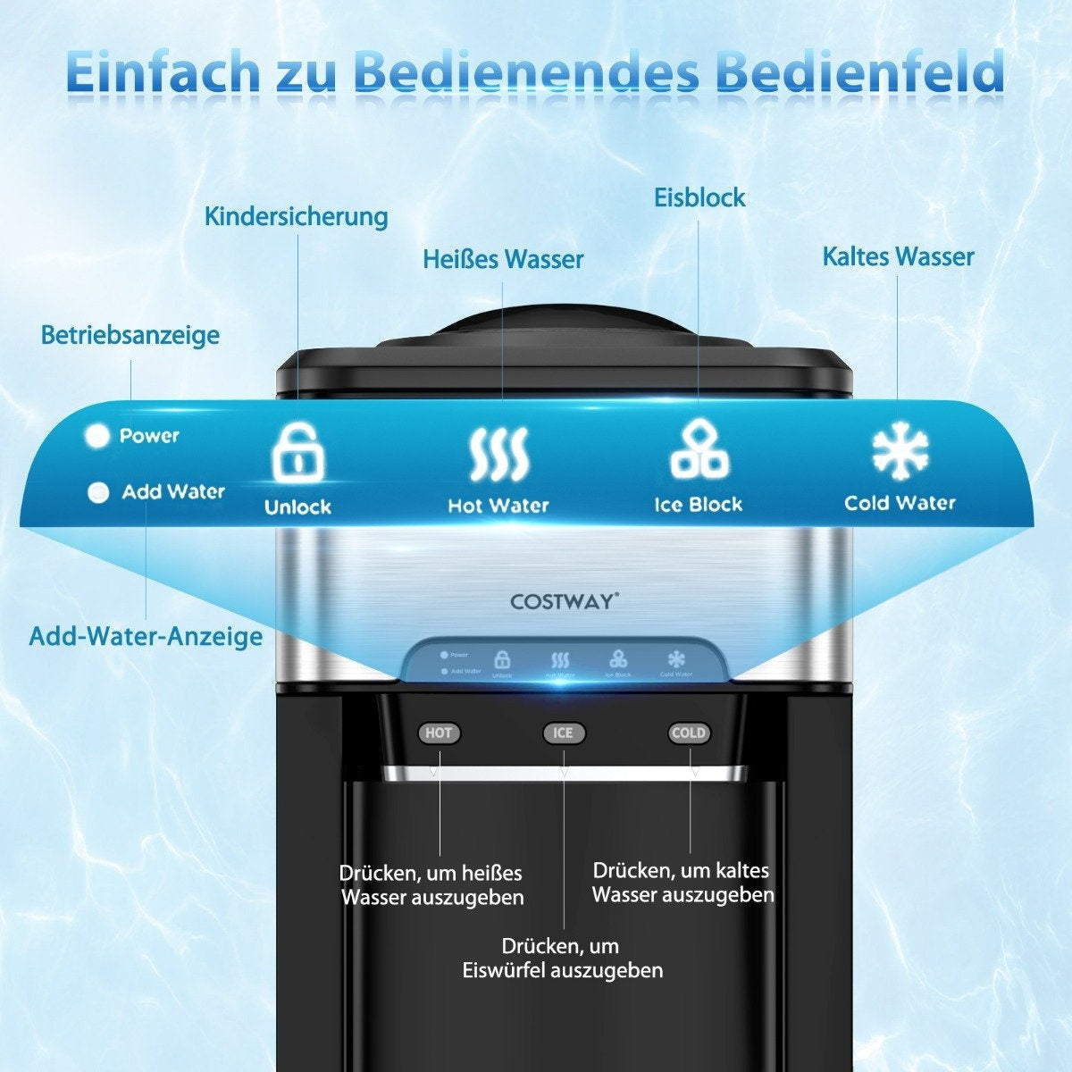 Water Dispenser 3-in-1 Countertop Water Cooler with 3 Temperature Settings for Hot/Cold/Ice Silver