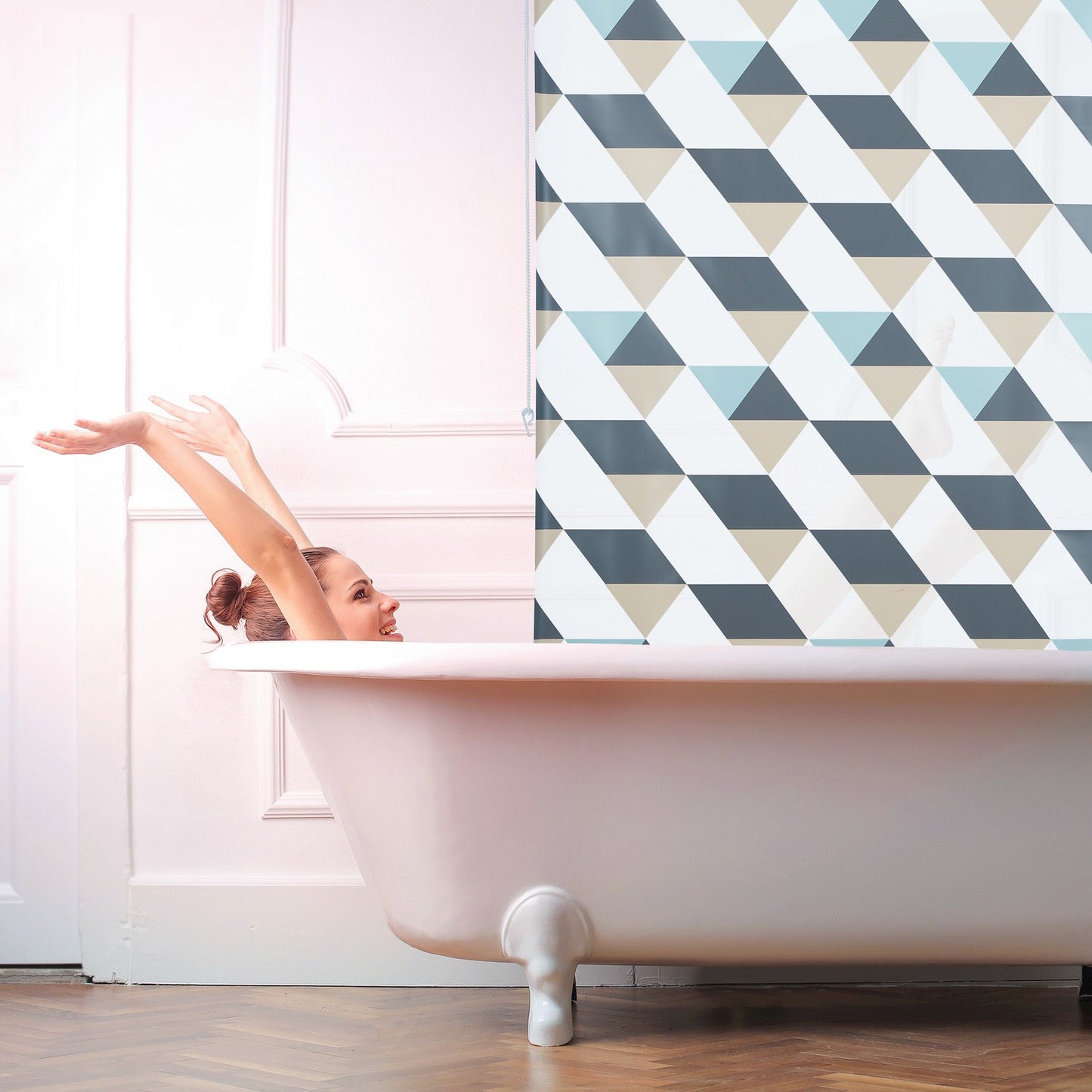Water-Repellent Bath Roller Blind, Geometric Design